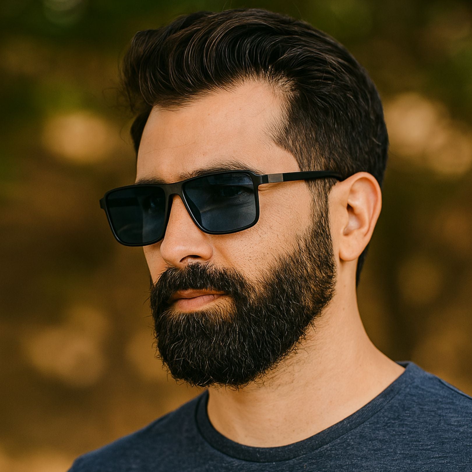 Man wearing sunglasses with a blurred natural background