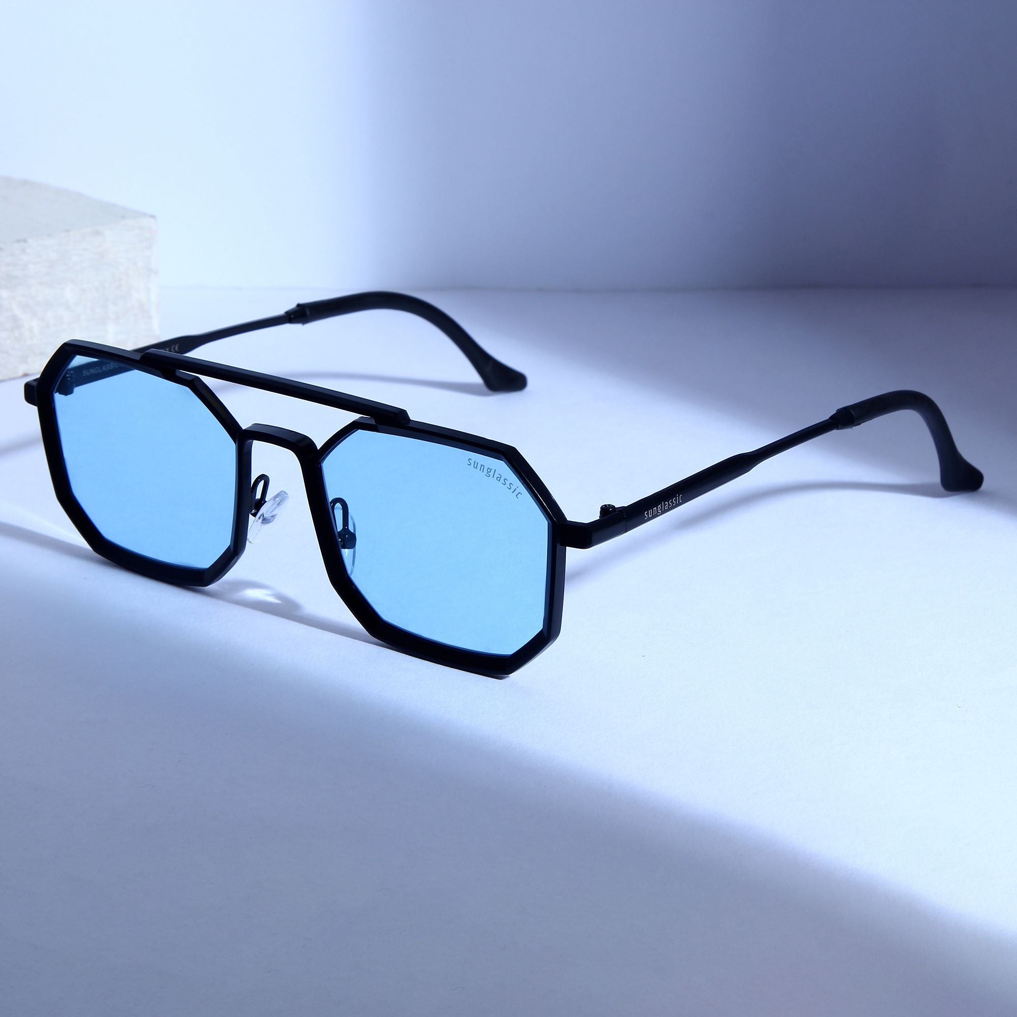 Commando Black Blue Edition Octagon Sunglasses by Sunglassic. Sunglasses that fit comfortably on the face.