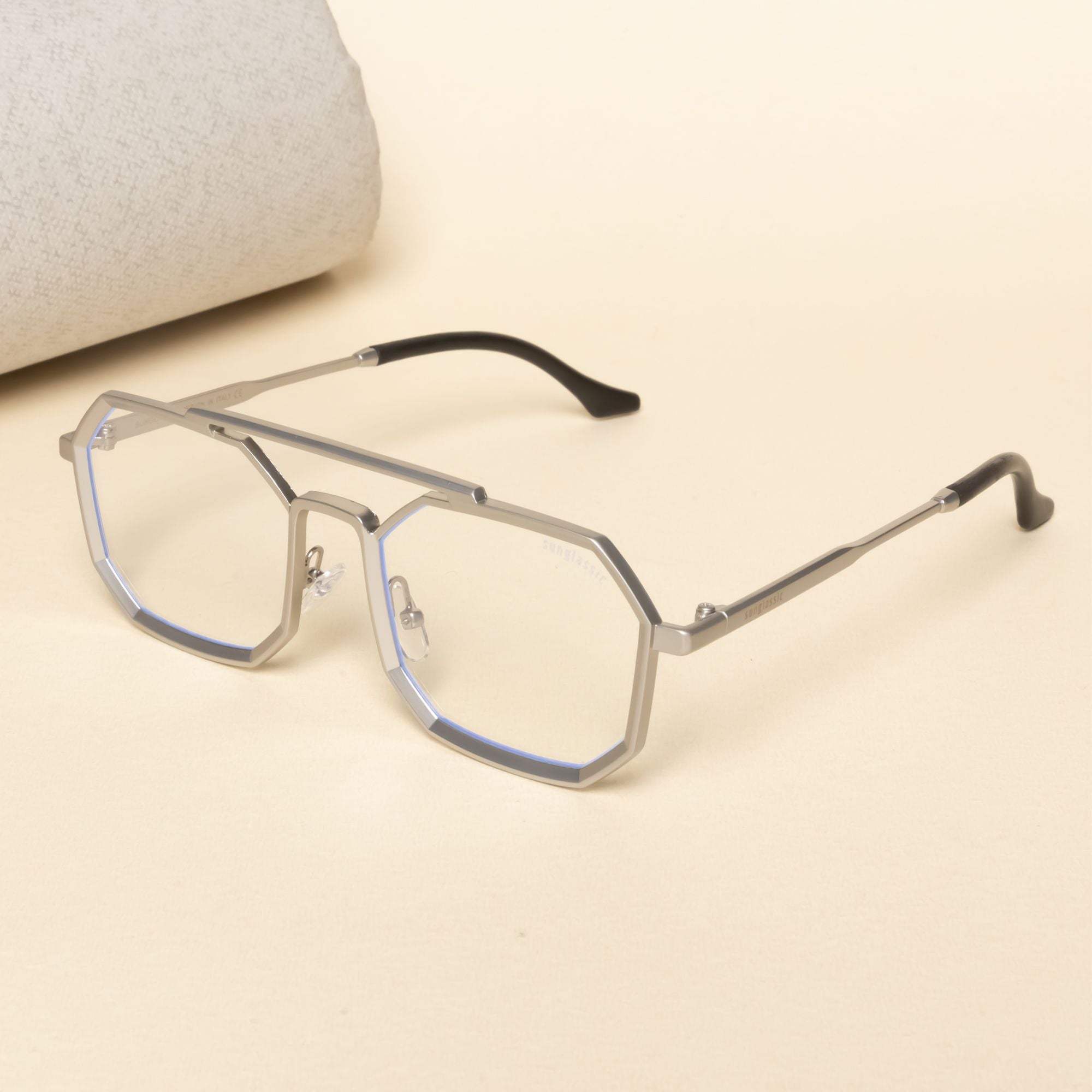 Commando silver clear square sunglasses with anti-blue light lenses. Reduces eye strain and fatigue from long screen time. Perfect for everyday wear.