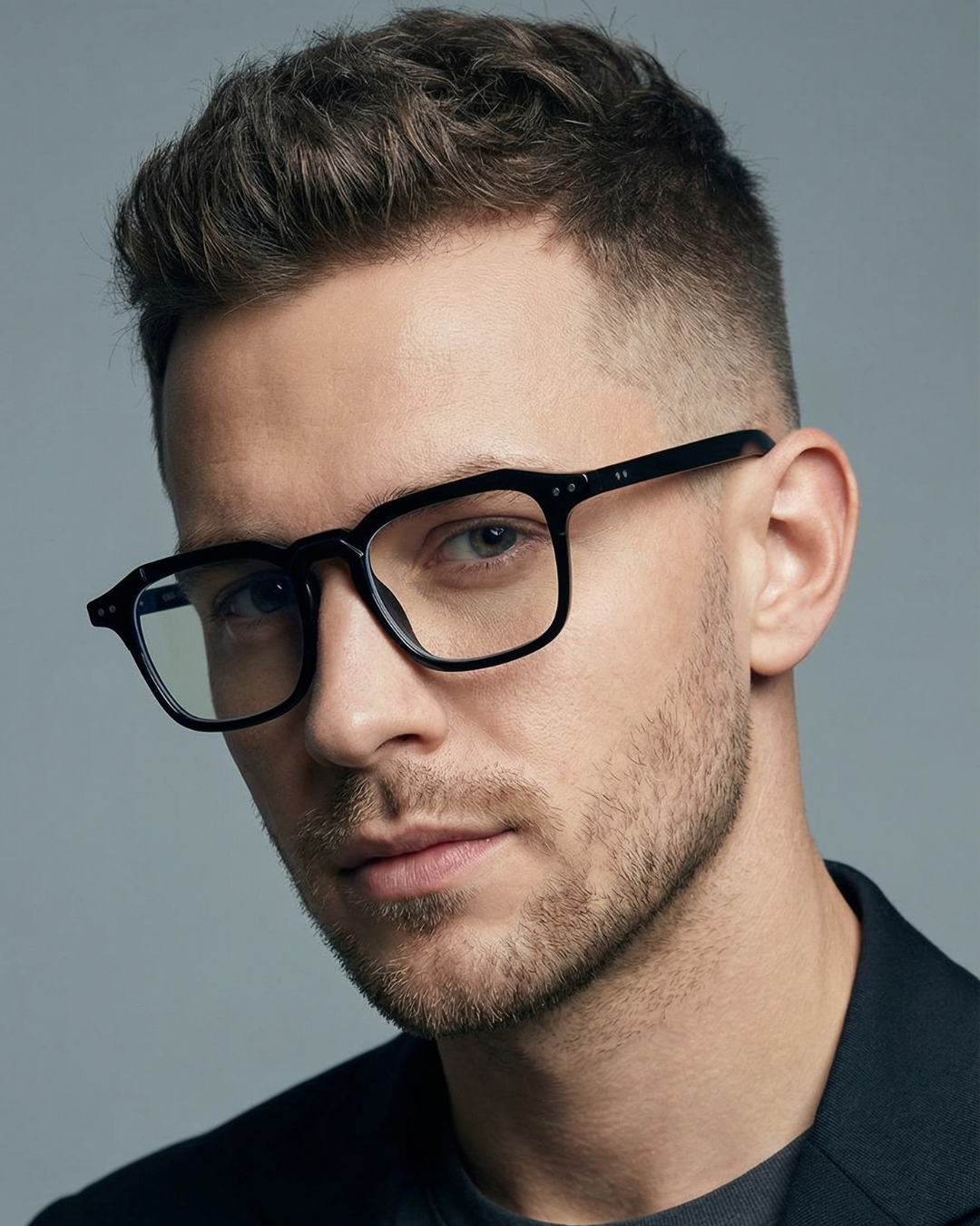 Man wearing black glasses and a dark jacket against a gray background