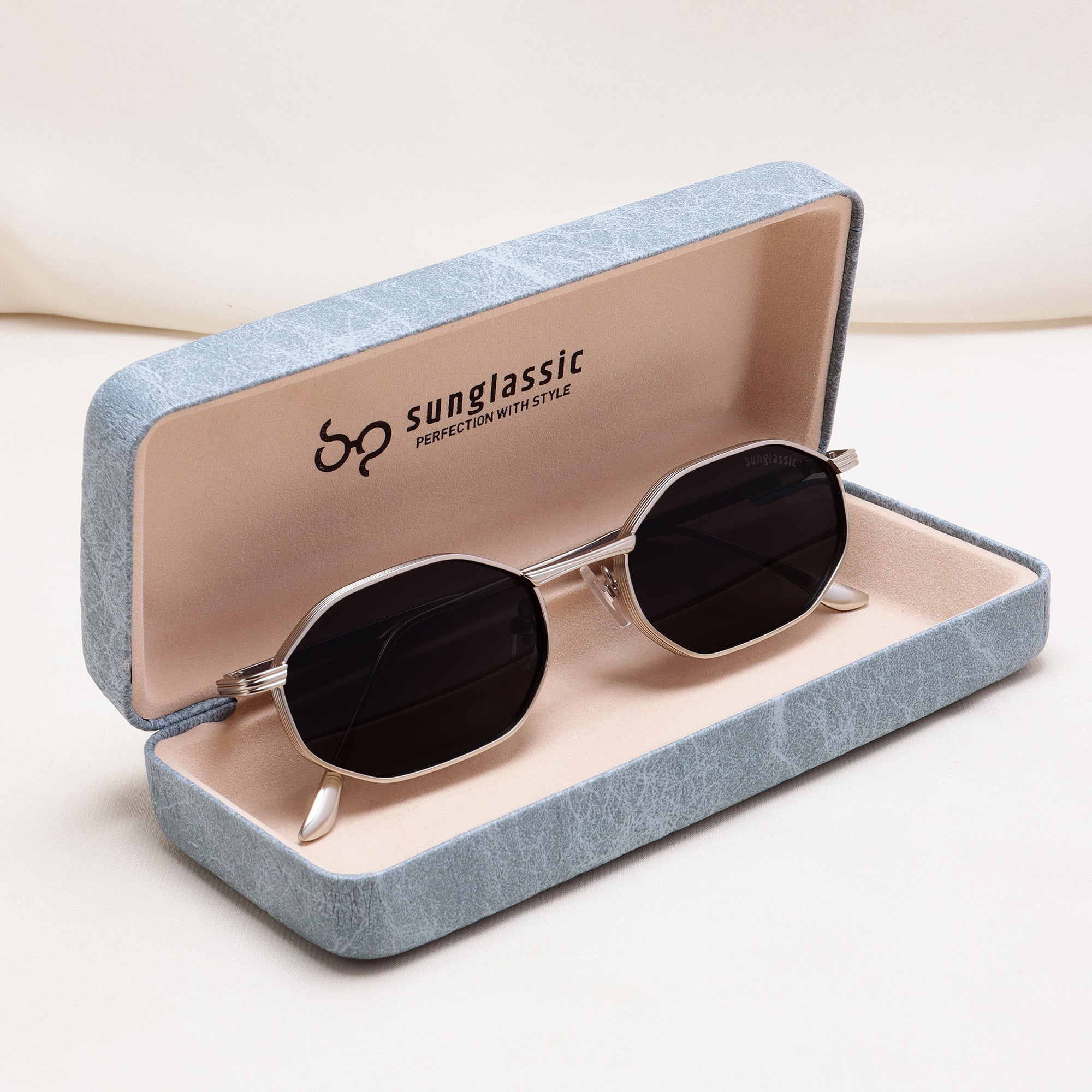 Opulent Silver Black Hexagon Sunglasses