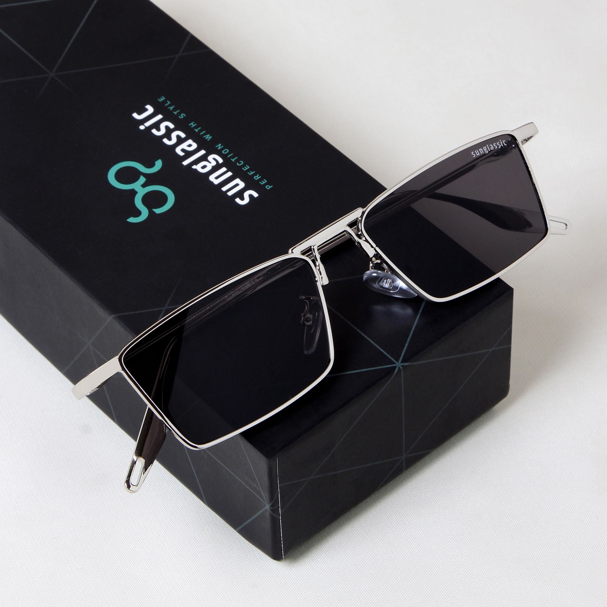 Rebel Silver Black Rectangle Sunglasses - Main Image