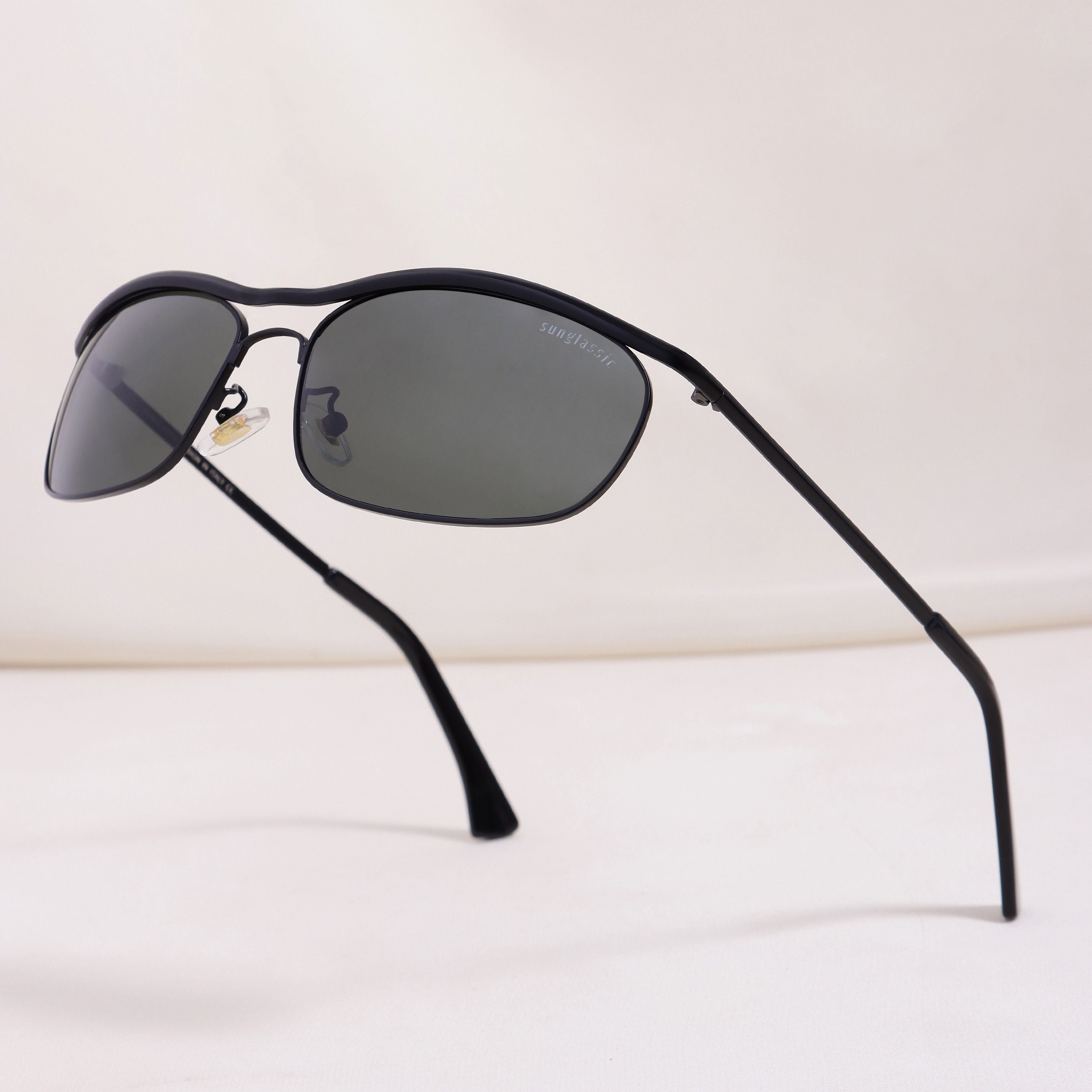 Champion Black Green Polarized Rectangle Sunglasses for Men | UV400