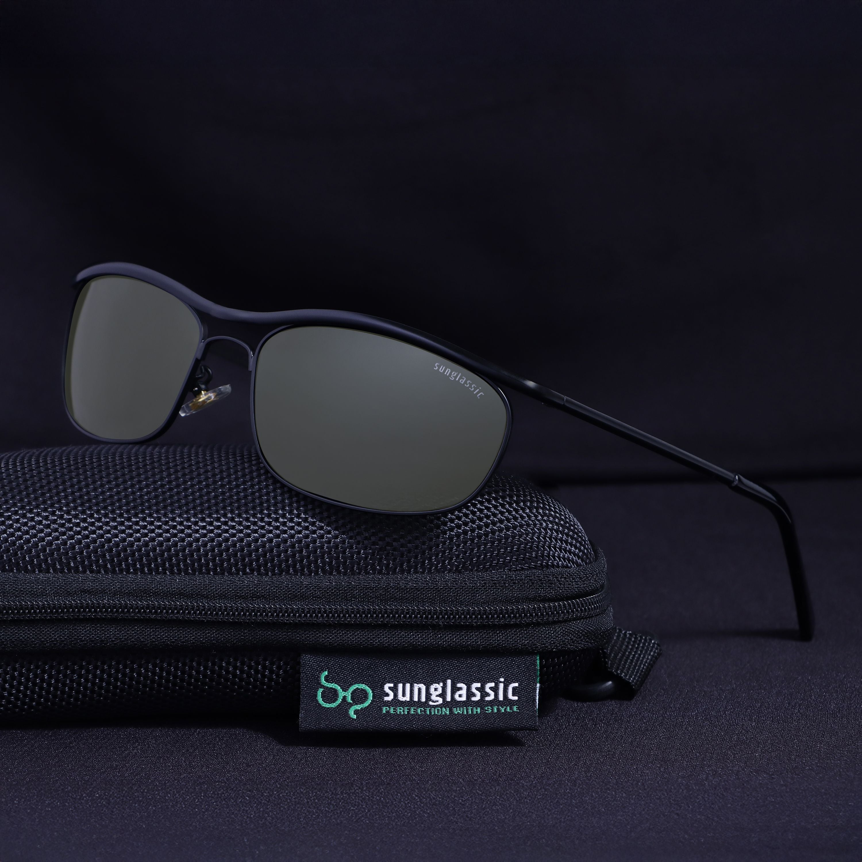 Champion Black Green Polarized Rectangle Sunglasses for Men | UV400