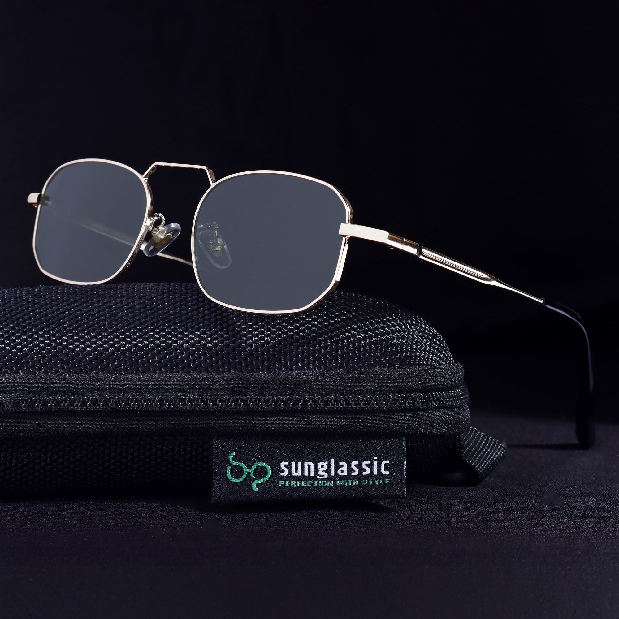 Sunglasses with a black case on a dark background, featuring the Sunglassl brand.