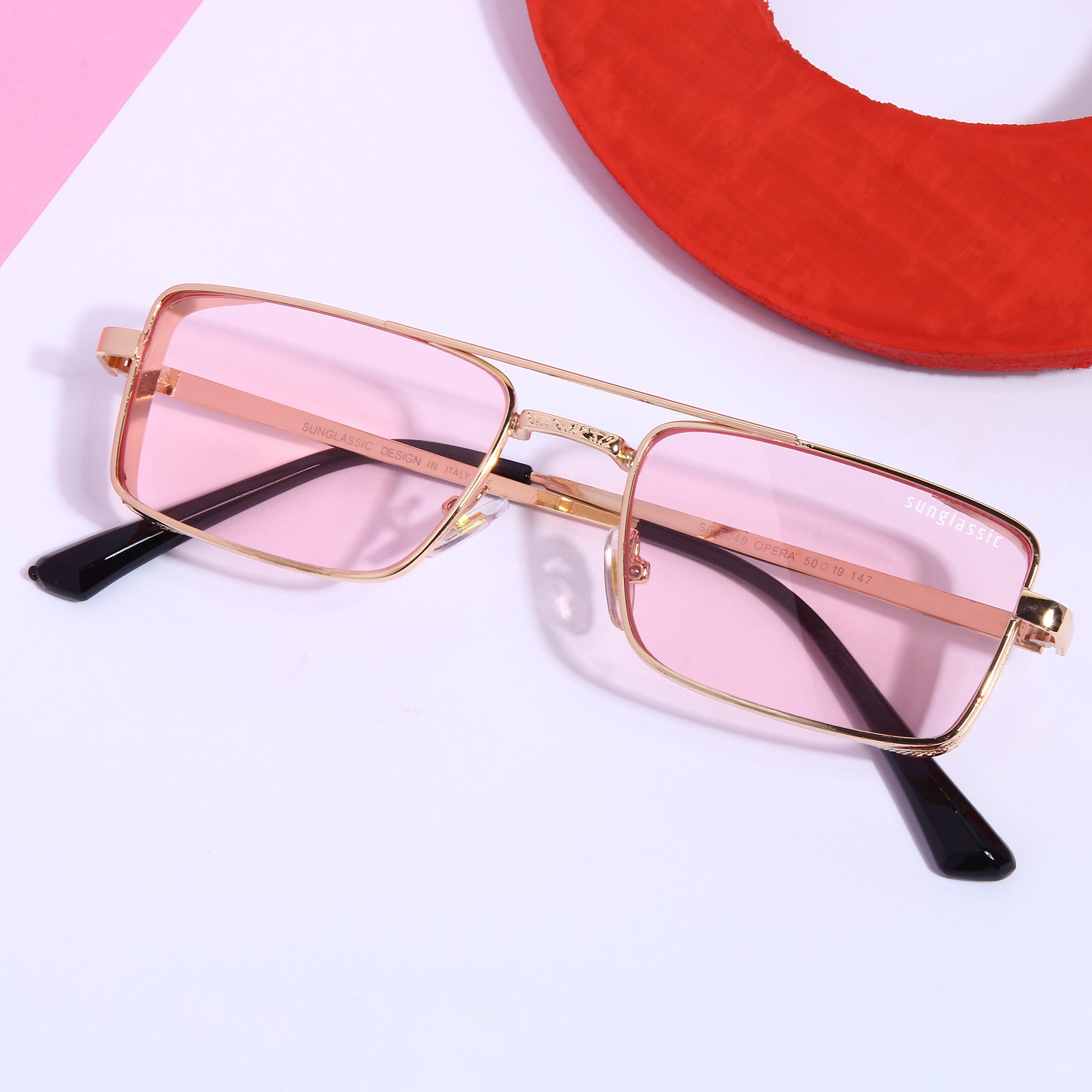 OPERA. Gold Pink Rectangle Sunglasses