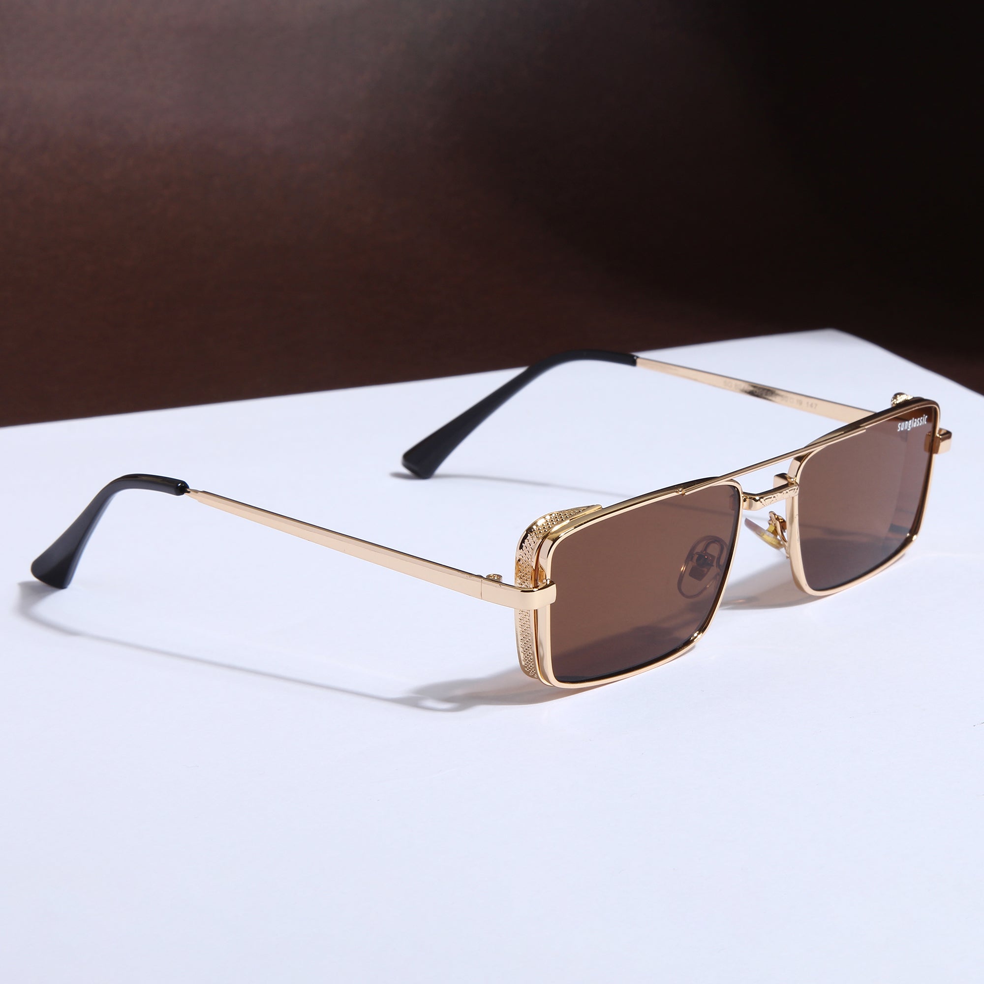 Gold Brown Rectangle Sunglasses