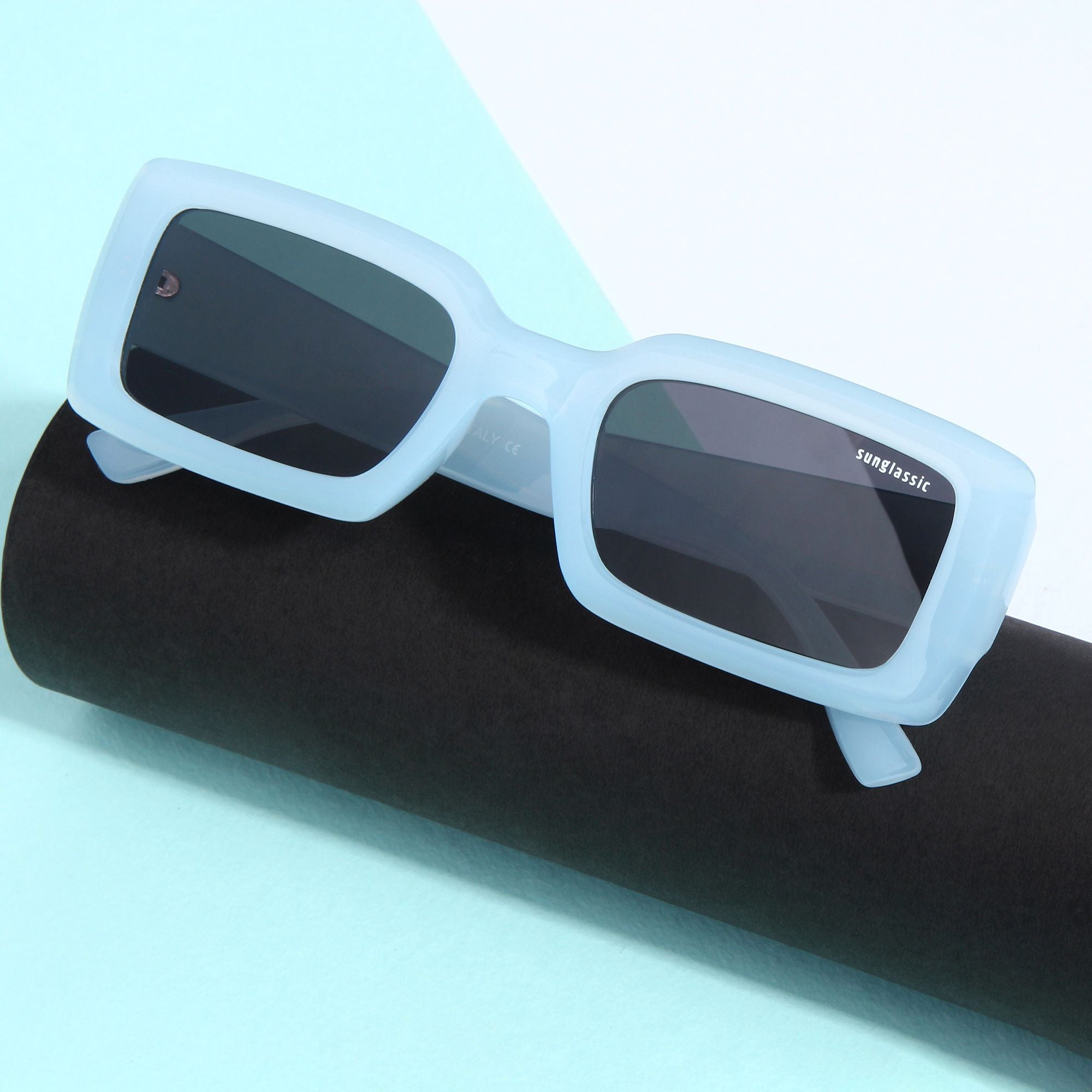 Victoria. Light Blue Black Polarized Rectangle Sunglasses