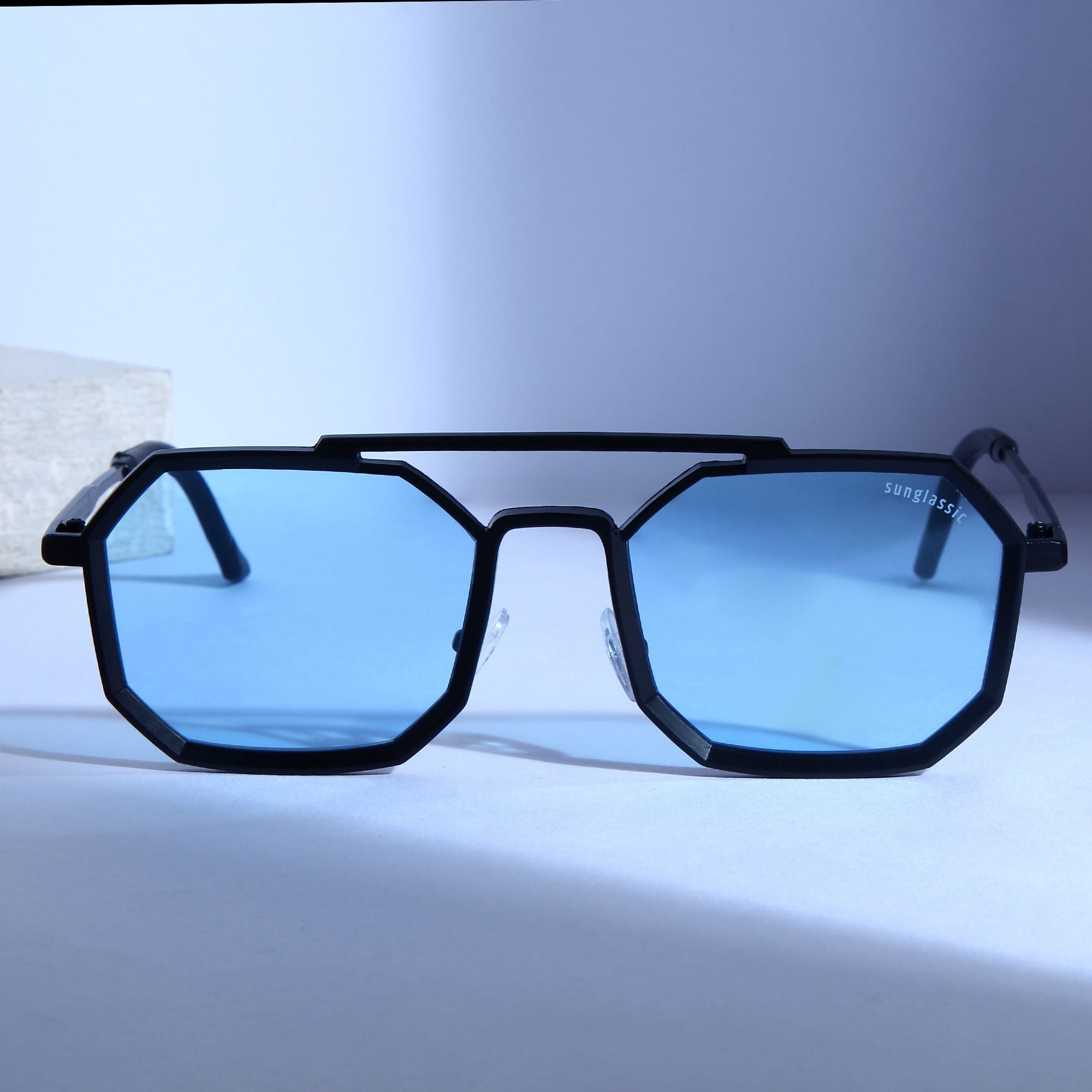 Commando Black Blue Edition Octagon Sunglasses by Sunglassic. UV400 protected sunglasses for men and women.