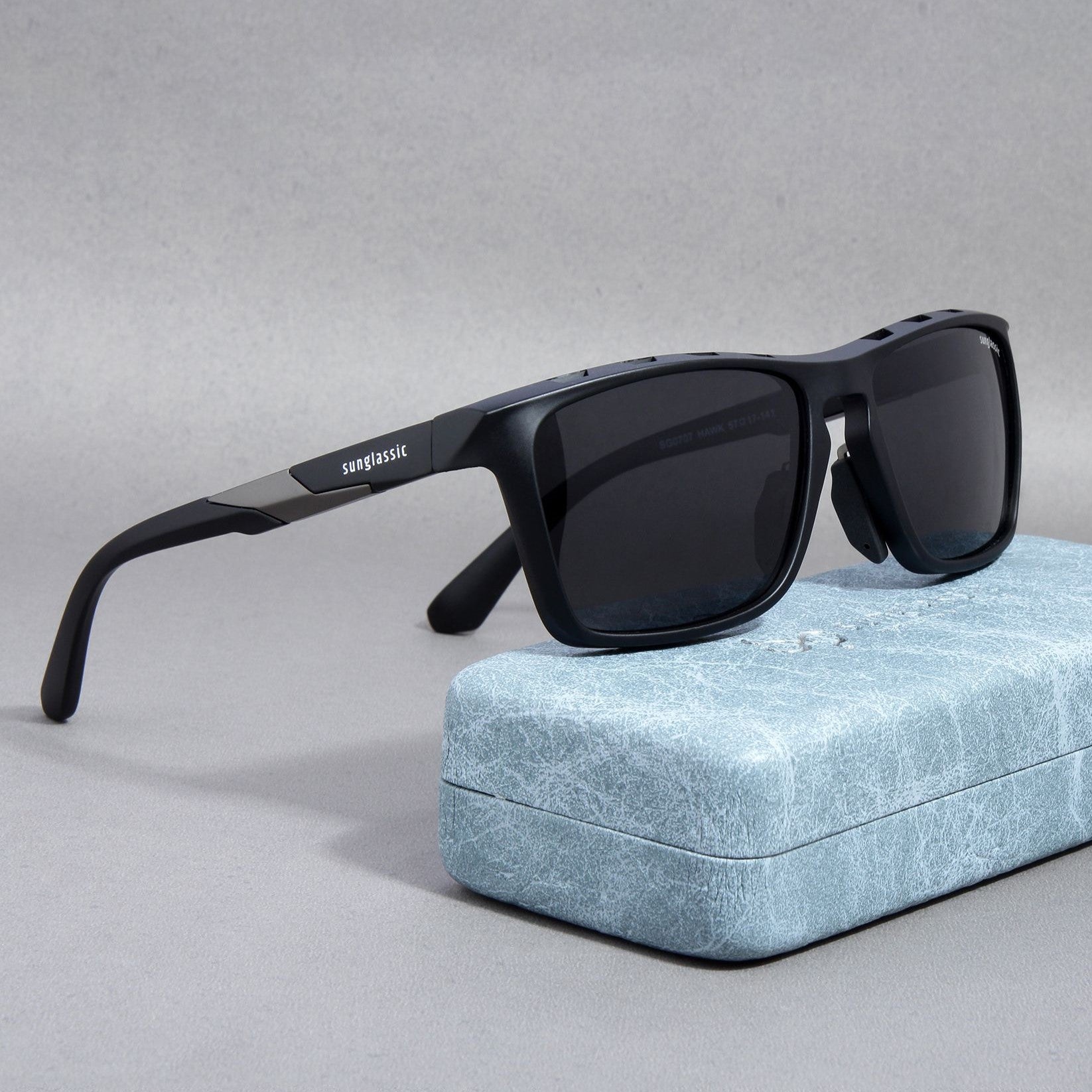 SUNGLASSIC Hawk Black Polarized Rectangle TR90 Sunglasses - Lightweight eyewear for style and performance.