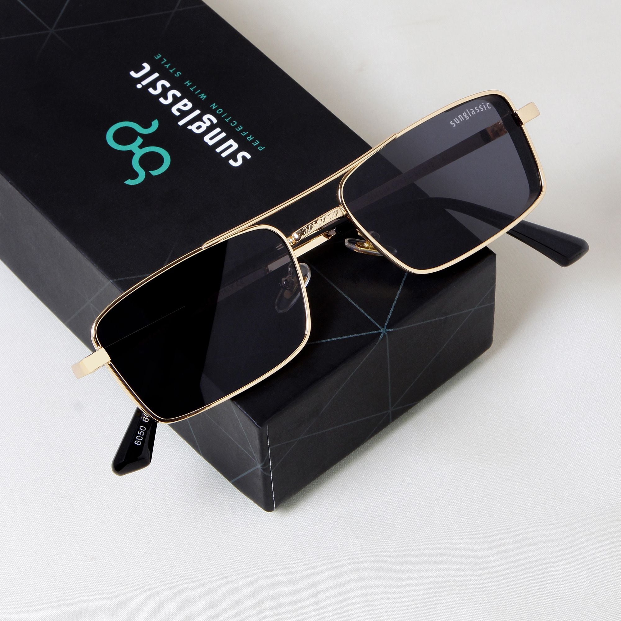 OPERA. Gold Black Rectangle Sunglasses