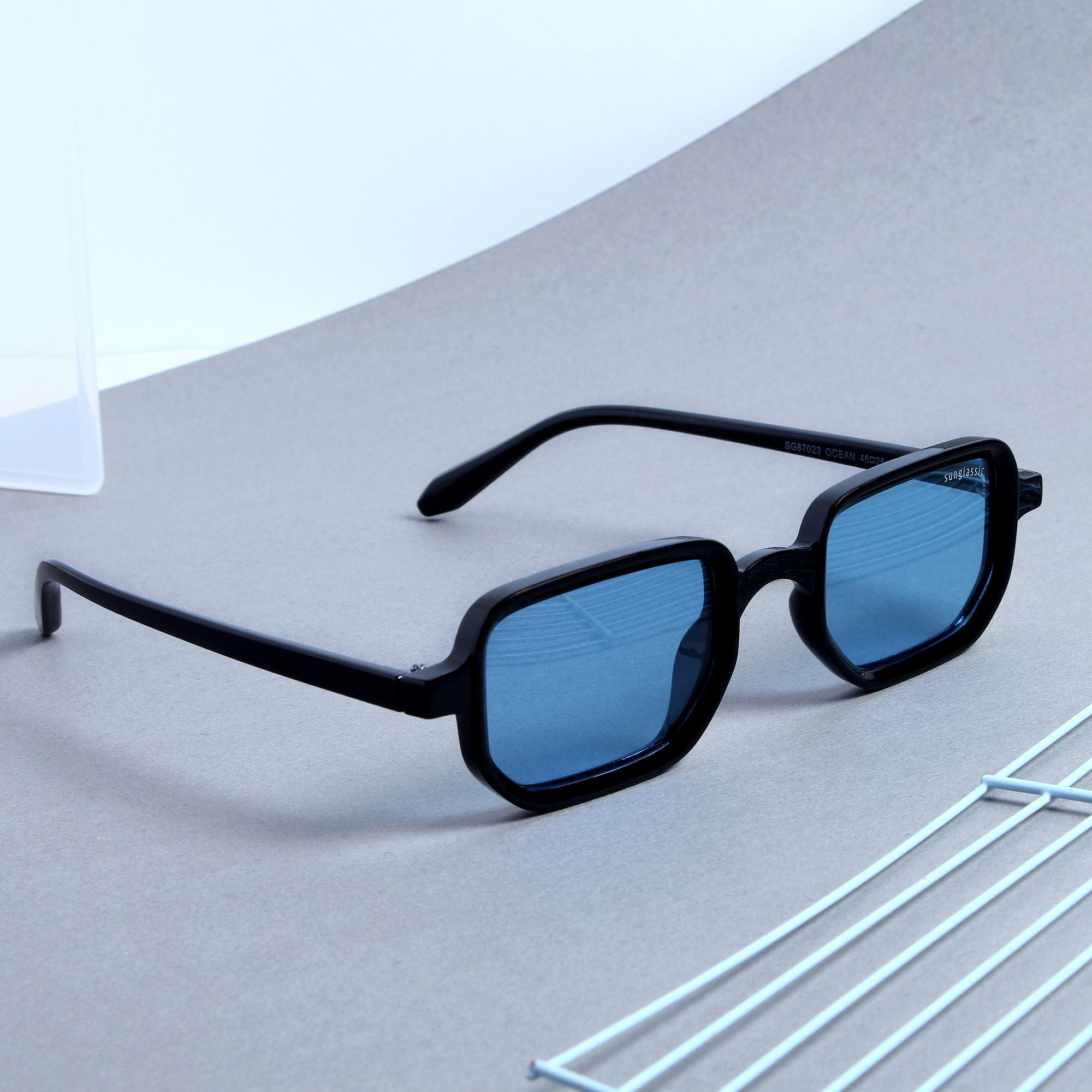 Ocean Black Blue Polarized Rectangle Sunglasses