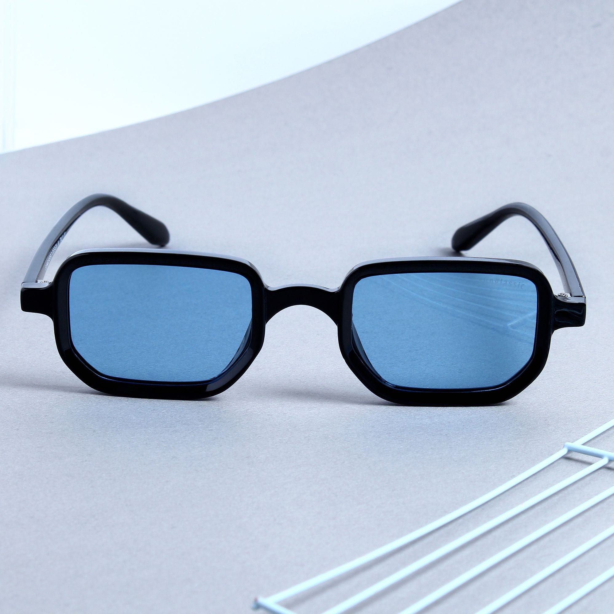 Ocean Black Blue Polarized Rectangle Sunglasses
