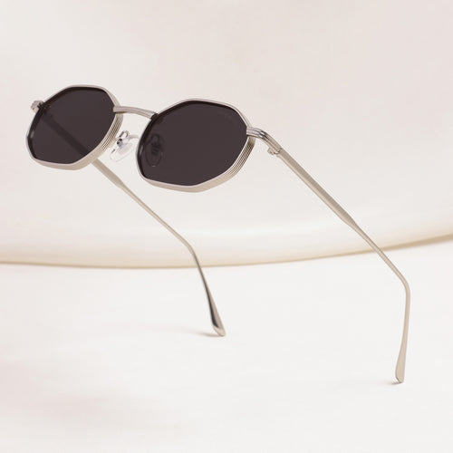 Opulent Silver Black Hexagon Sunglasses