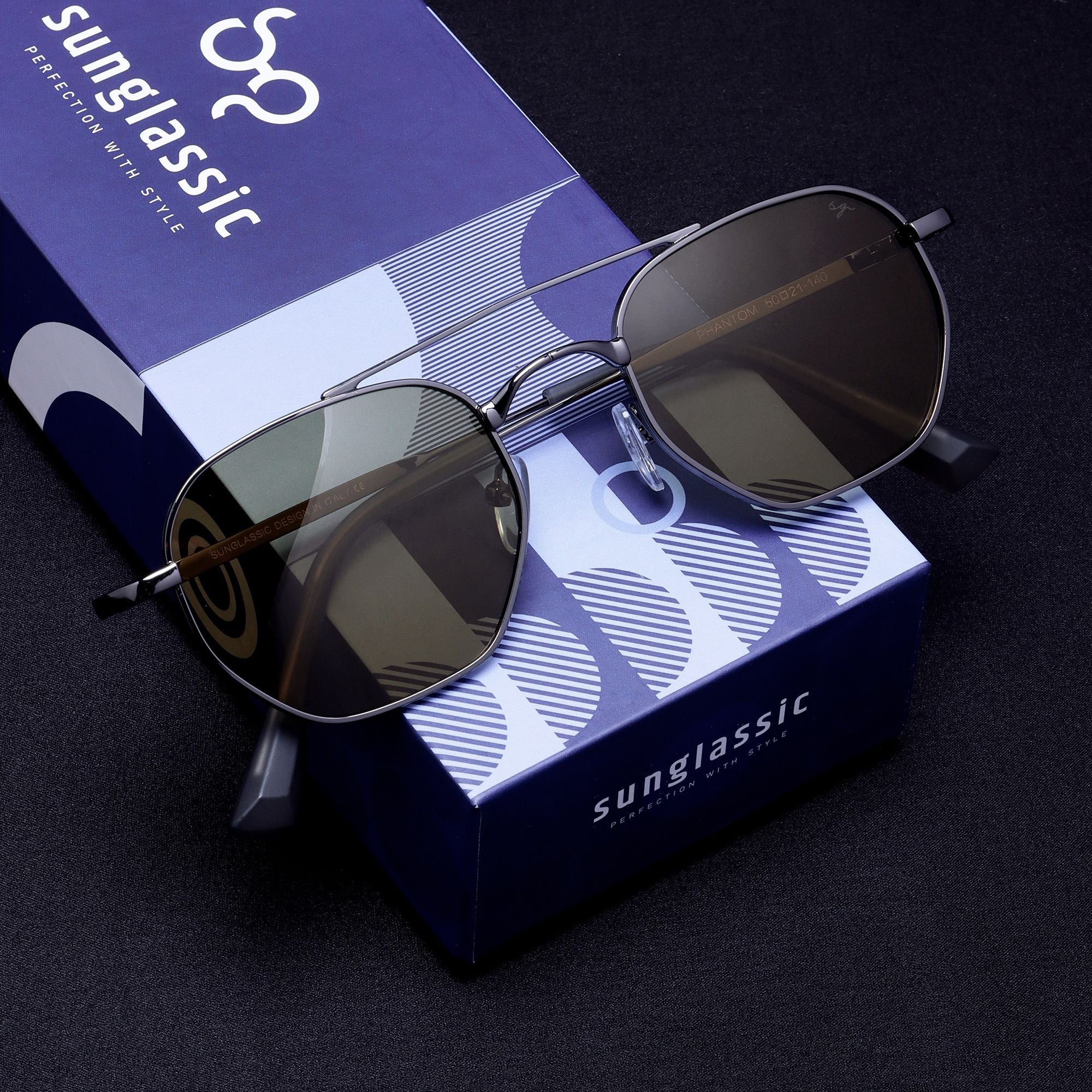 Phantom Gun-Silver Green Hexagon Sunglasses