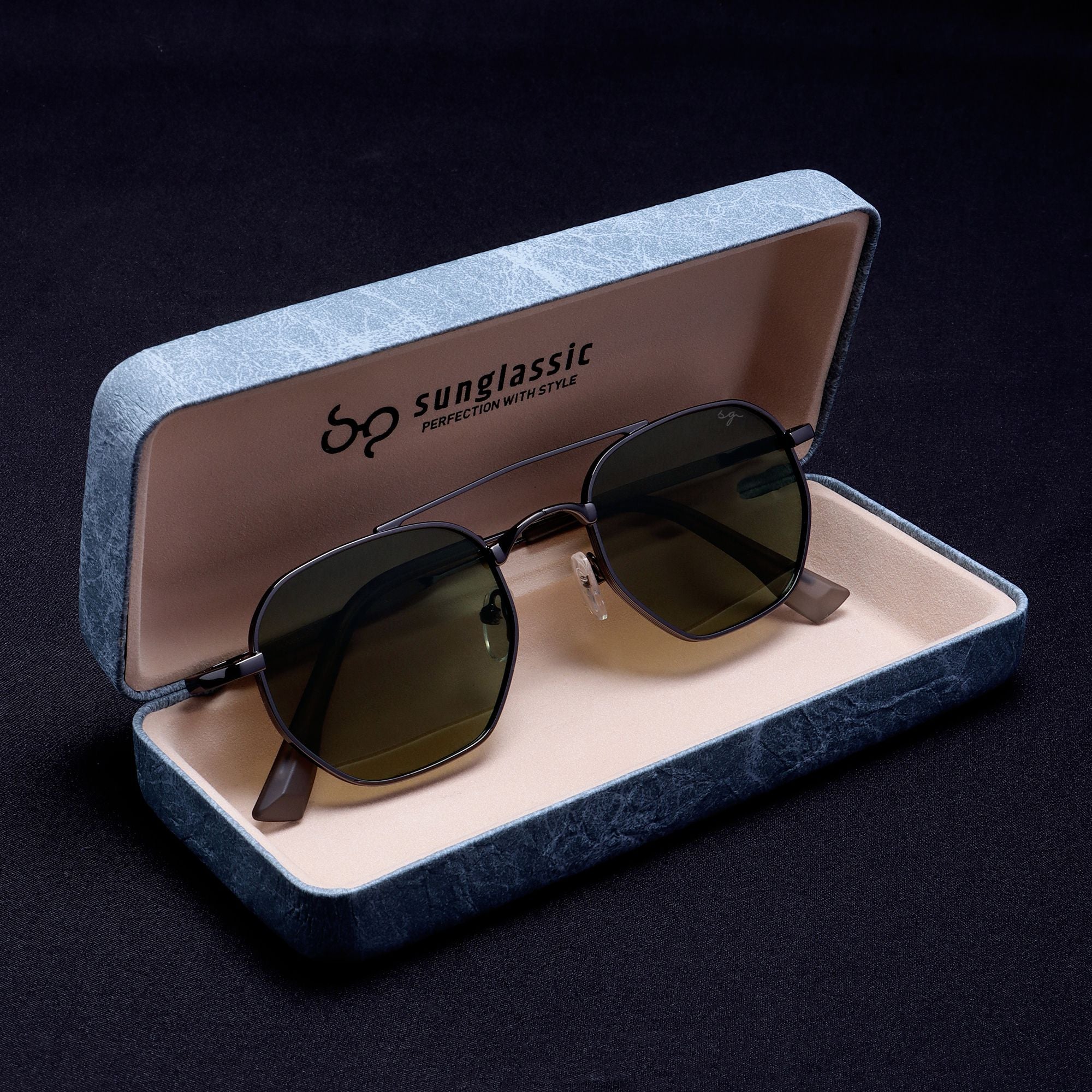 Phantom Gun-Silver Green Hexagon Sunglasses