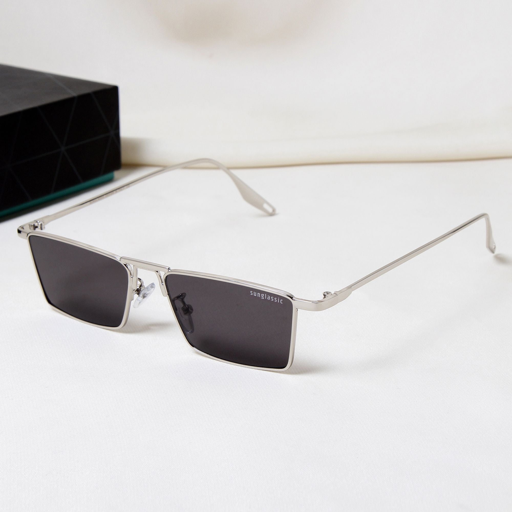 Rebel Silver Black Rectangle Sunglasses