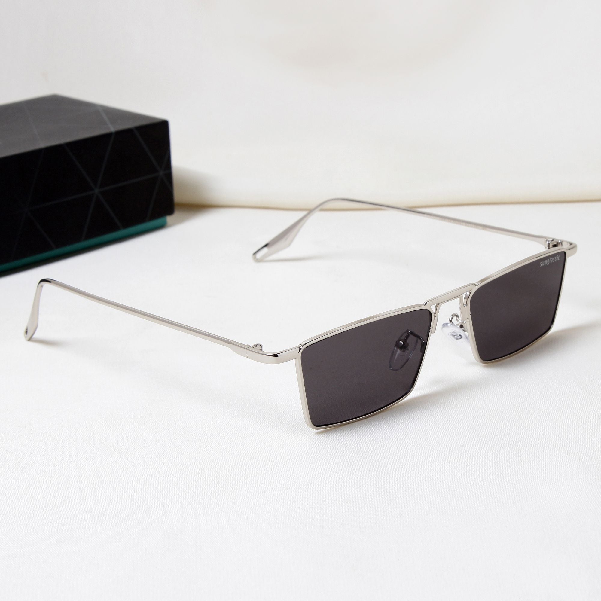 Rebel Silver Black Rectangle Sunglasses