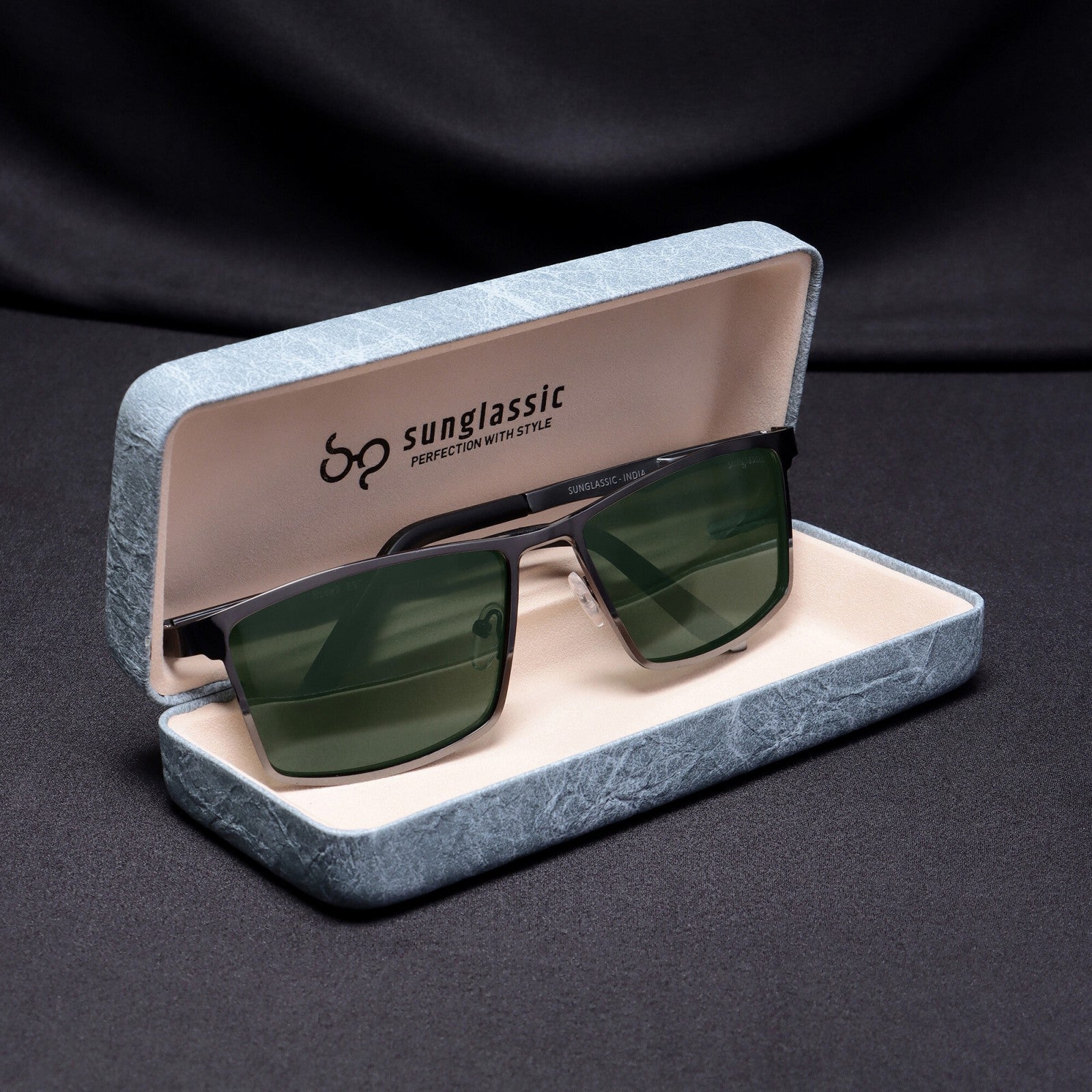 RideX gray sunglasses inside branded Sunglassic case