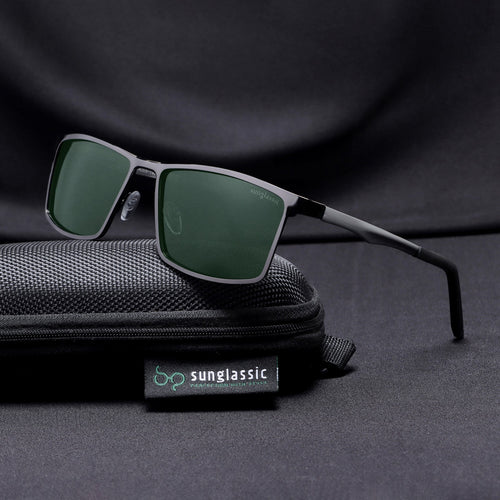 RideX gray green sunglasses on soft Sunglassic pouch