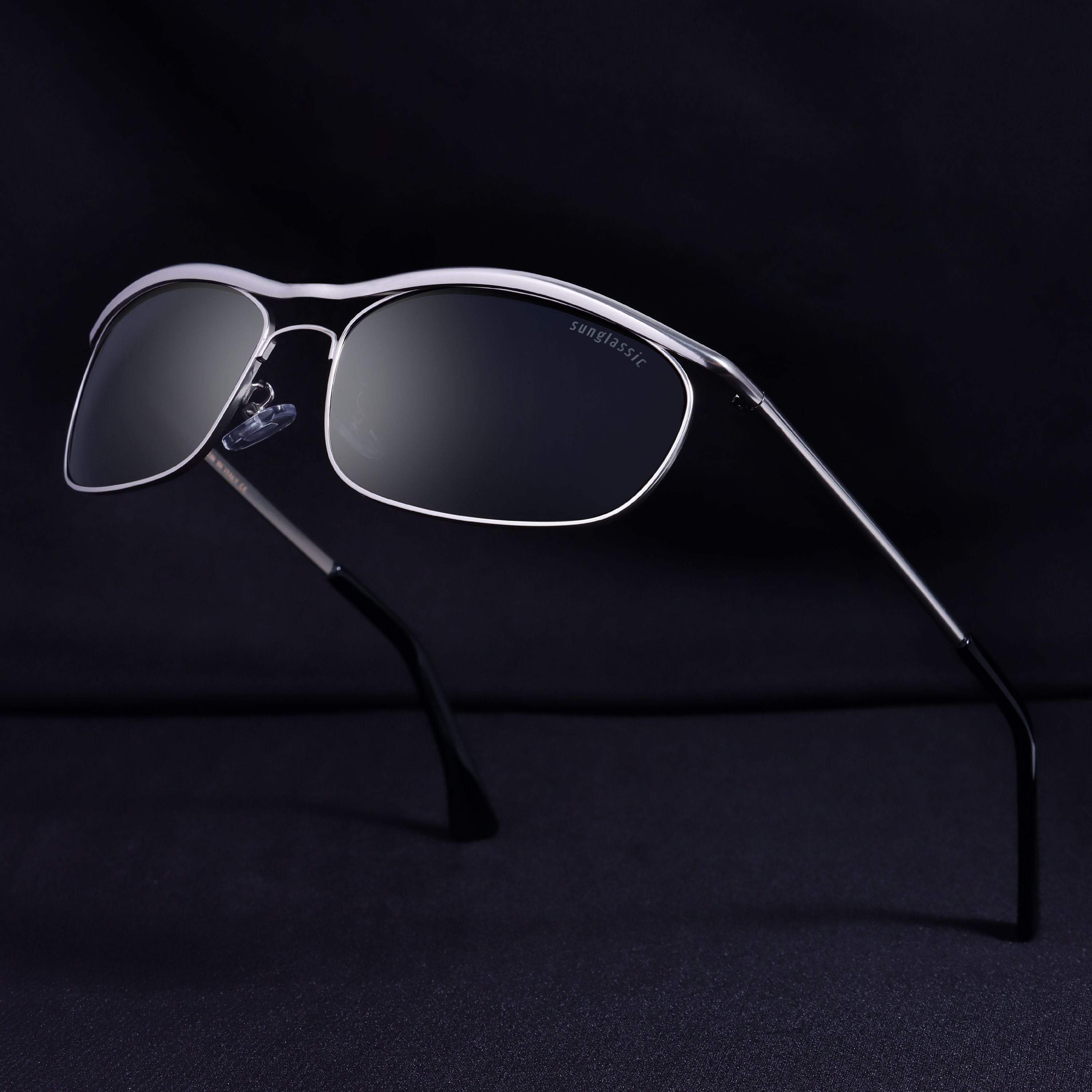 Champion Silver Black Polarized Rectangle Sunglasses for Men | UV400