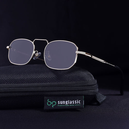 Sunglasses with a black case on a dark background, featuring the Sunglassic brand.