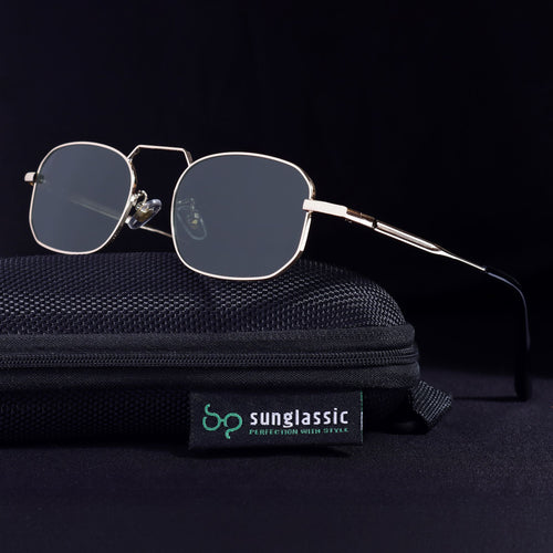 Sunglasses with a black case on a dark background, featuring the Sunglassl brand.