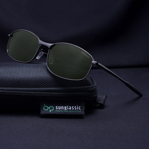 Swiftor Gun Black Green Polarized Rectangle Sunglasses | UV400