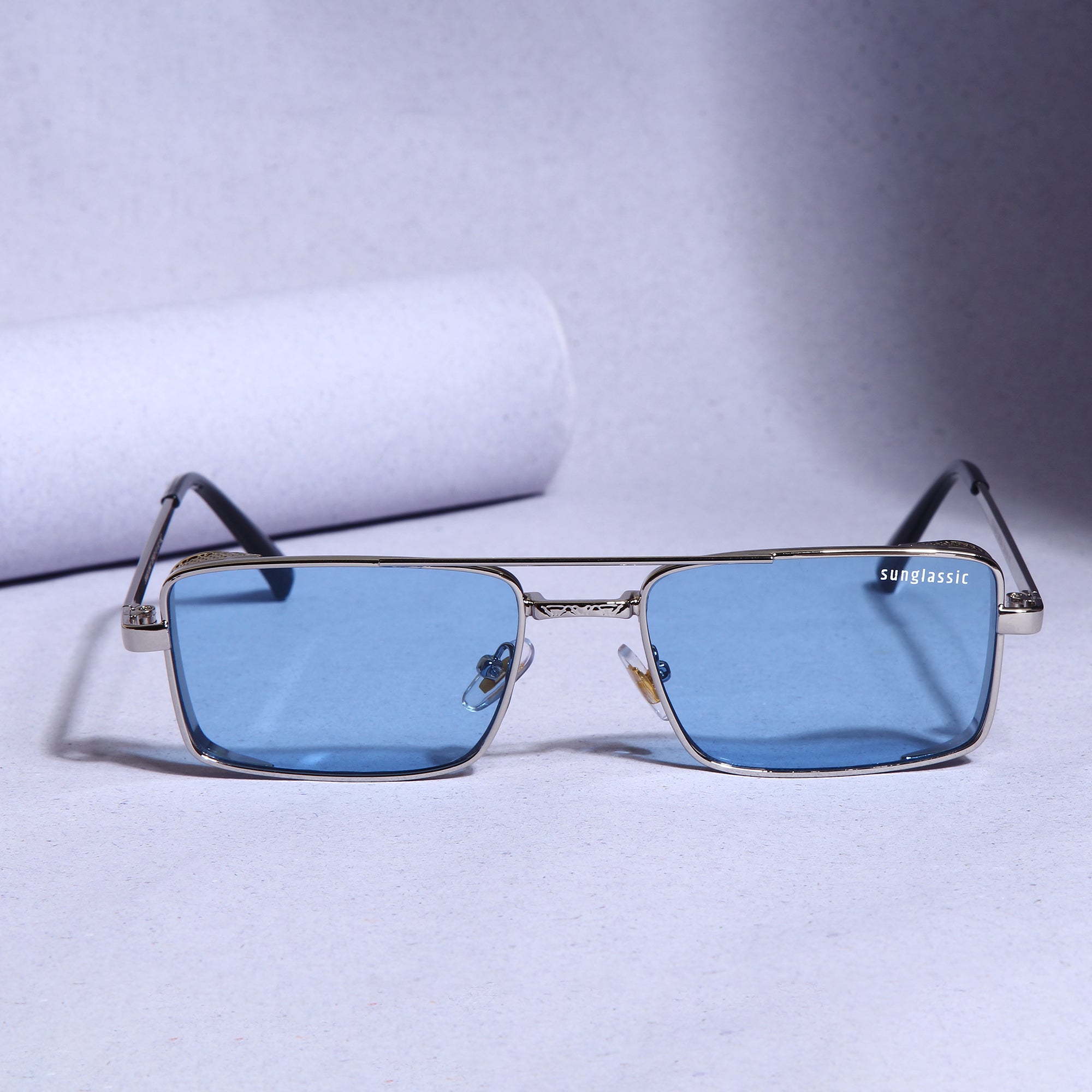 OPERA. Silver Blue Rectangle Sunglasses