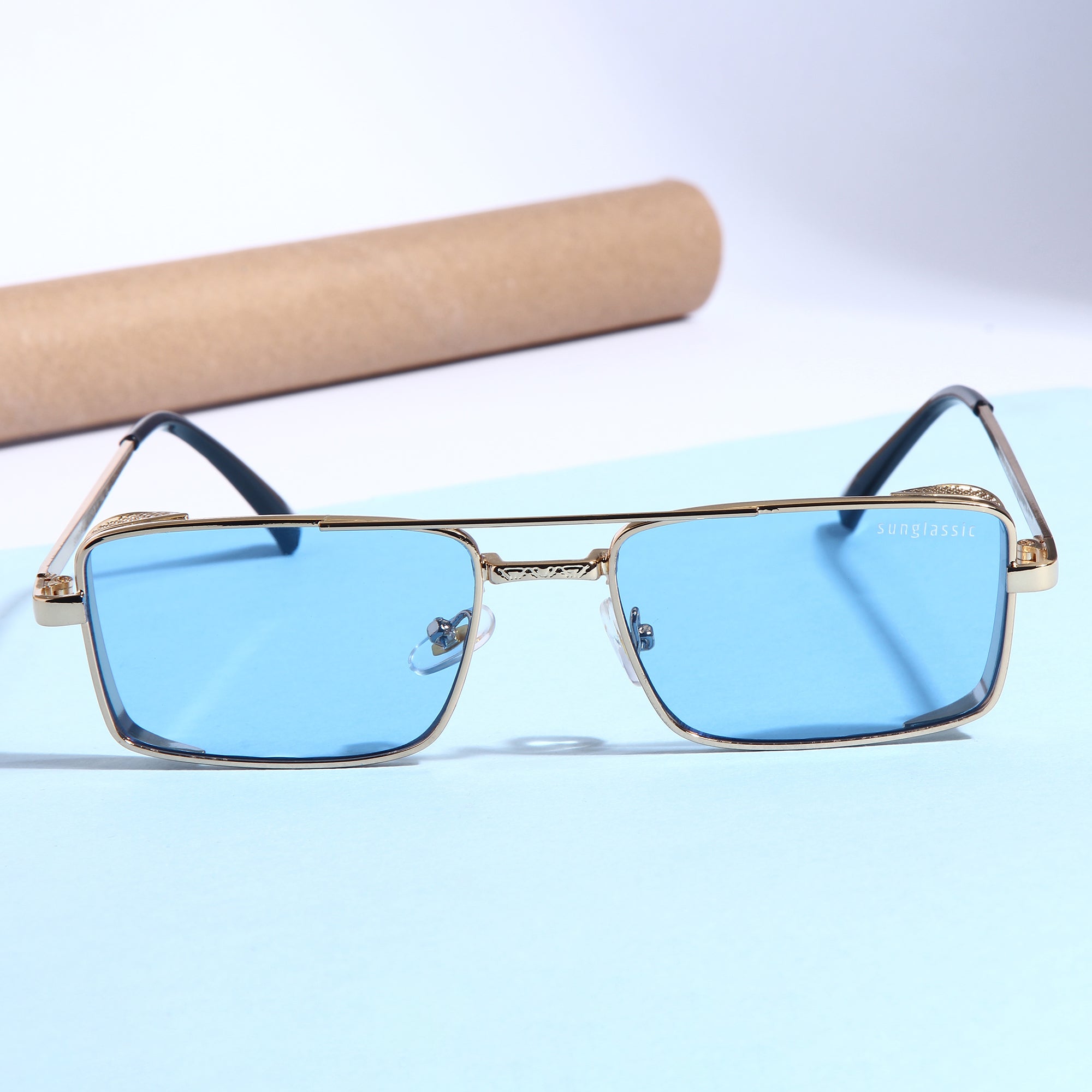 OPERA. Gold Blue Rectangle Sunglasses