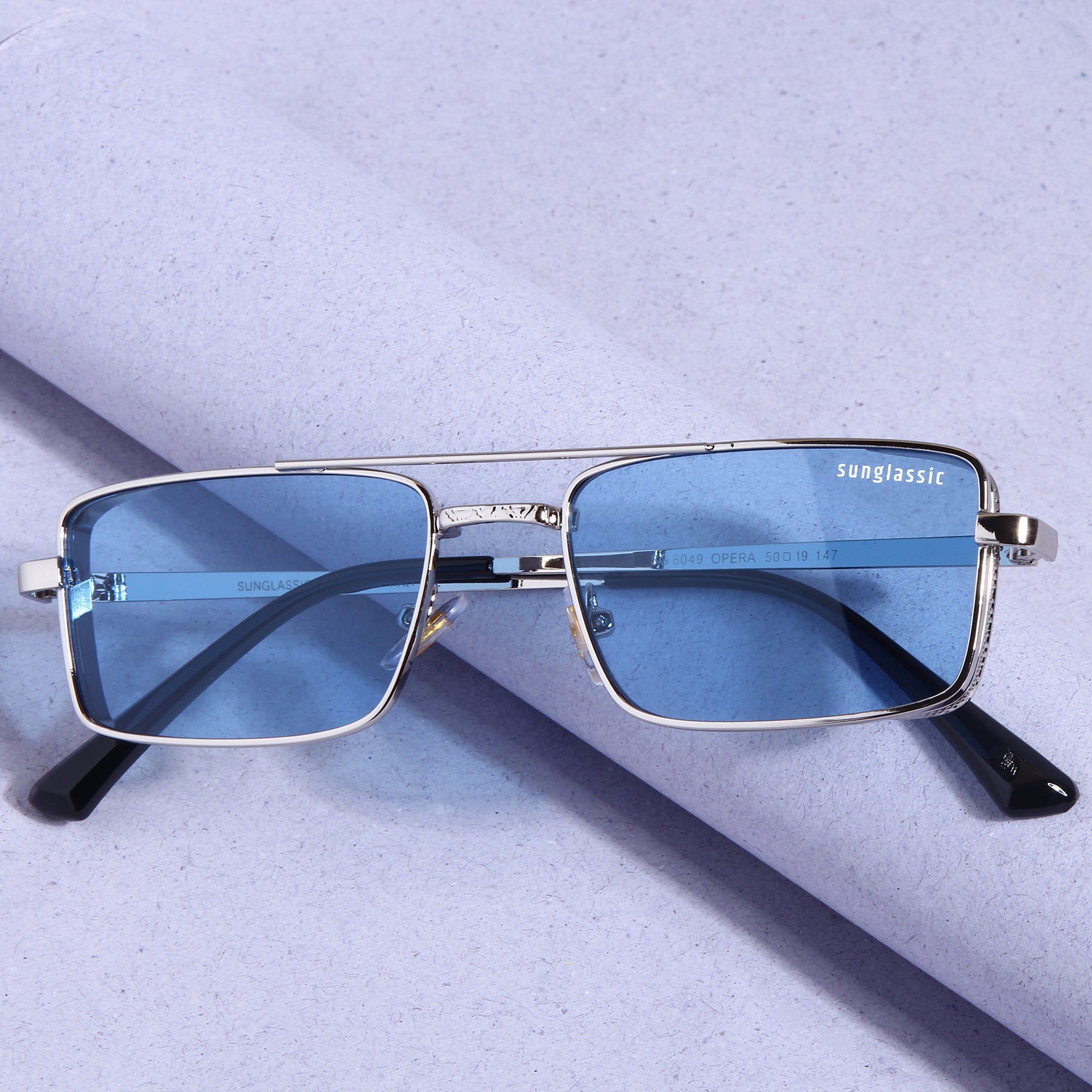 OPERA. Silver Blue Rectangle Sunglasses