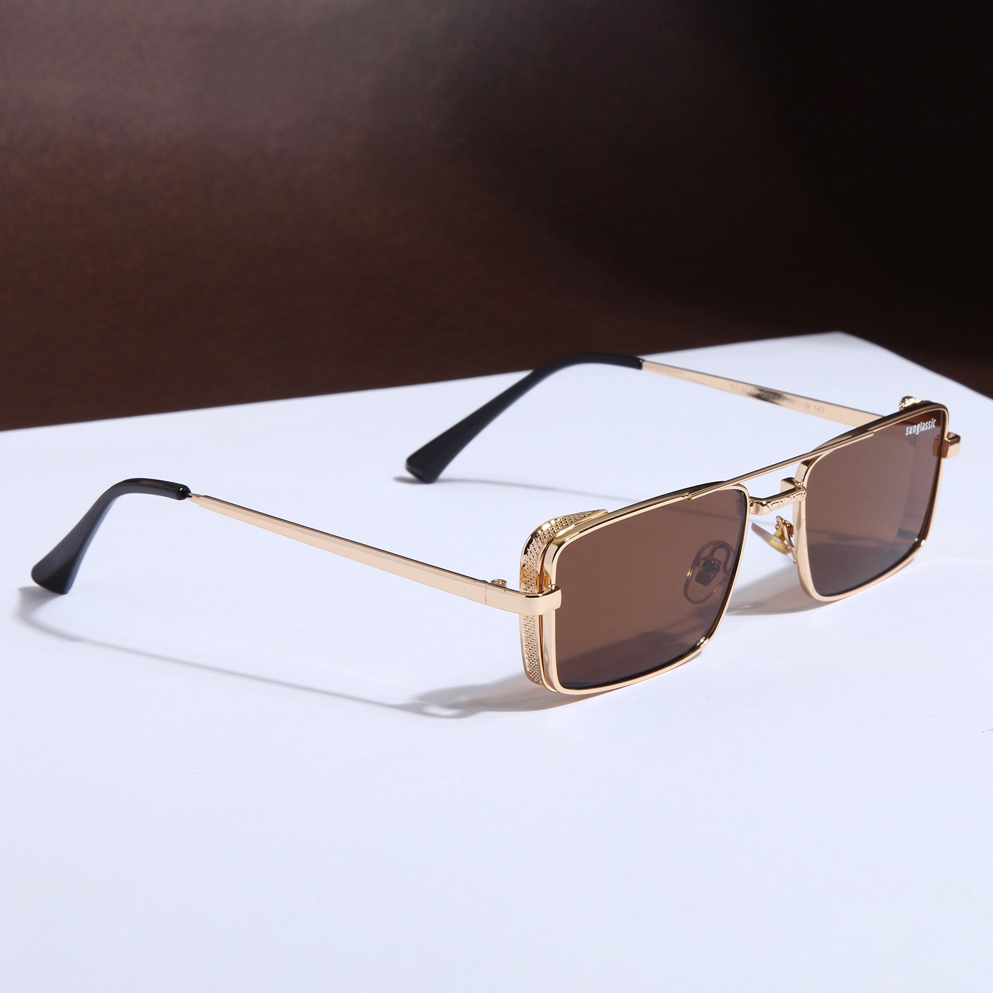 OPERA. Gold Brown Rectangle Sunglasses