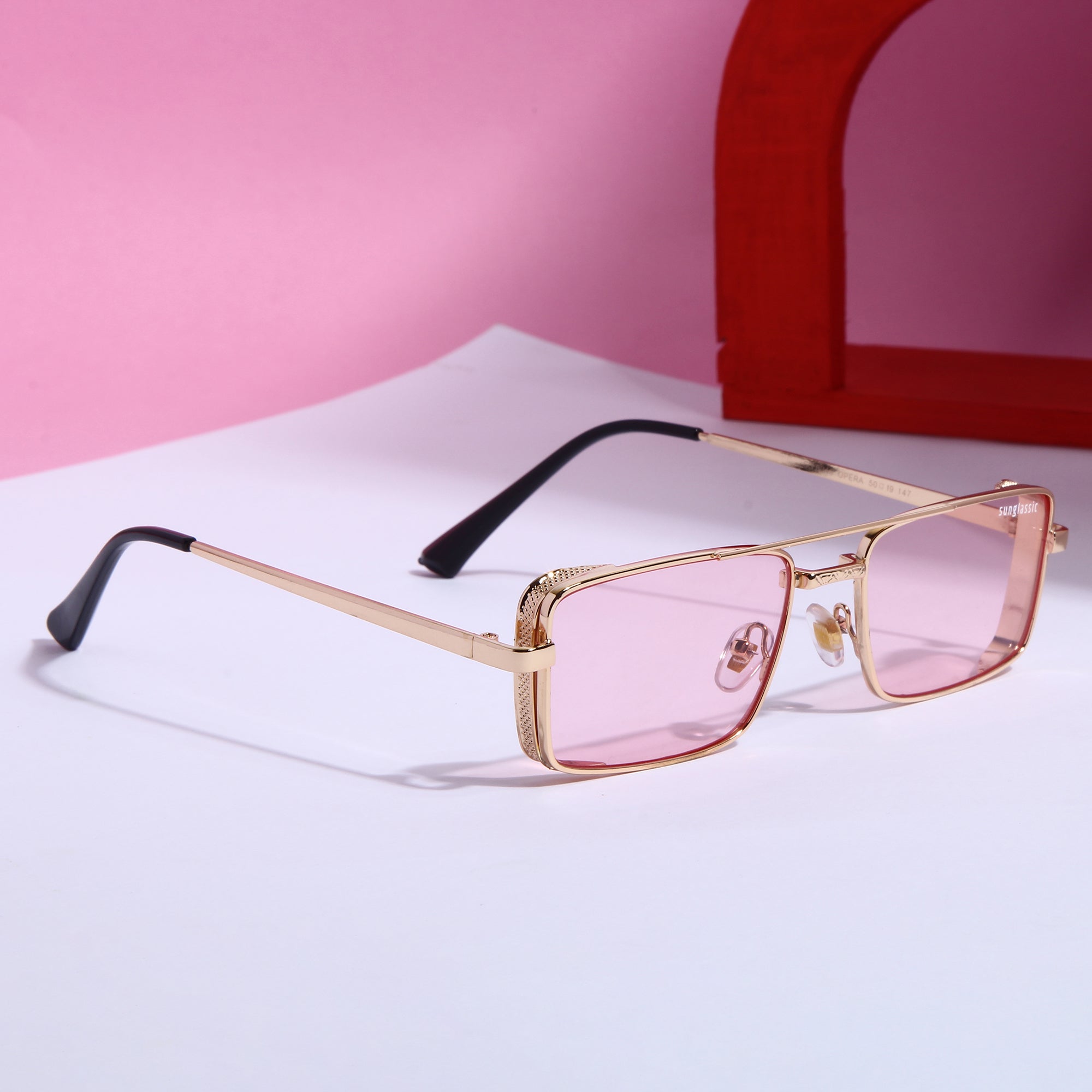 OPERA. Gold Pink Rectangle Sunglasses