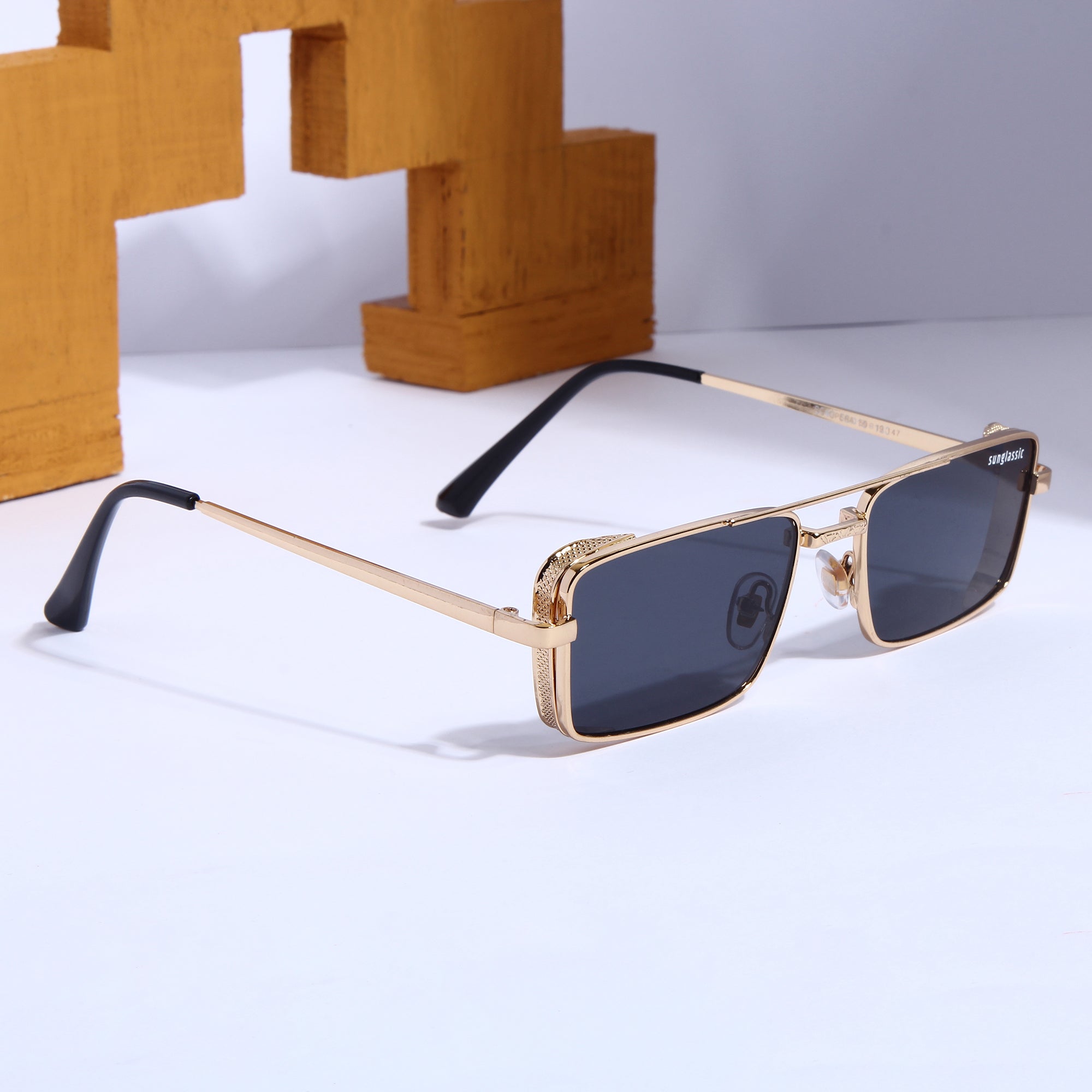 OPERA. Gold Black Rectangle Sunglasses