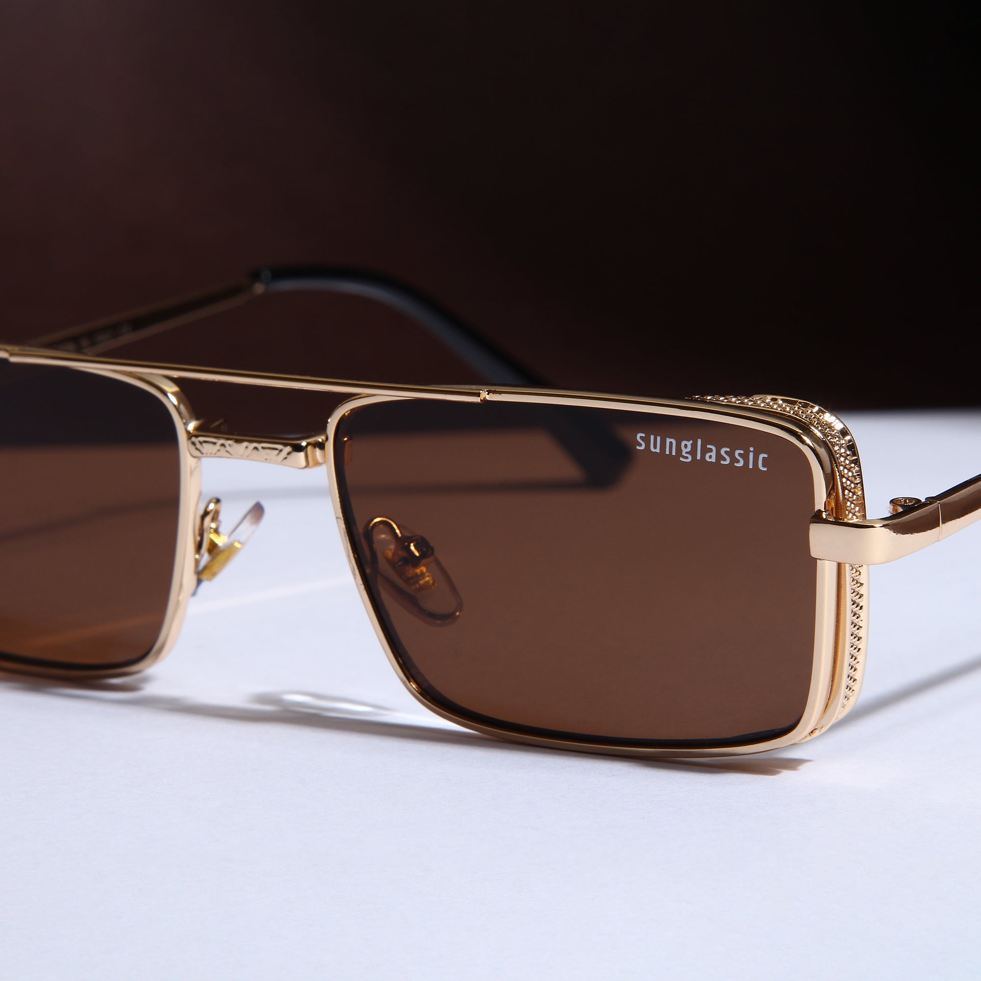 OPERA. Gold Brown Rectangle Sunglasses