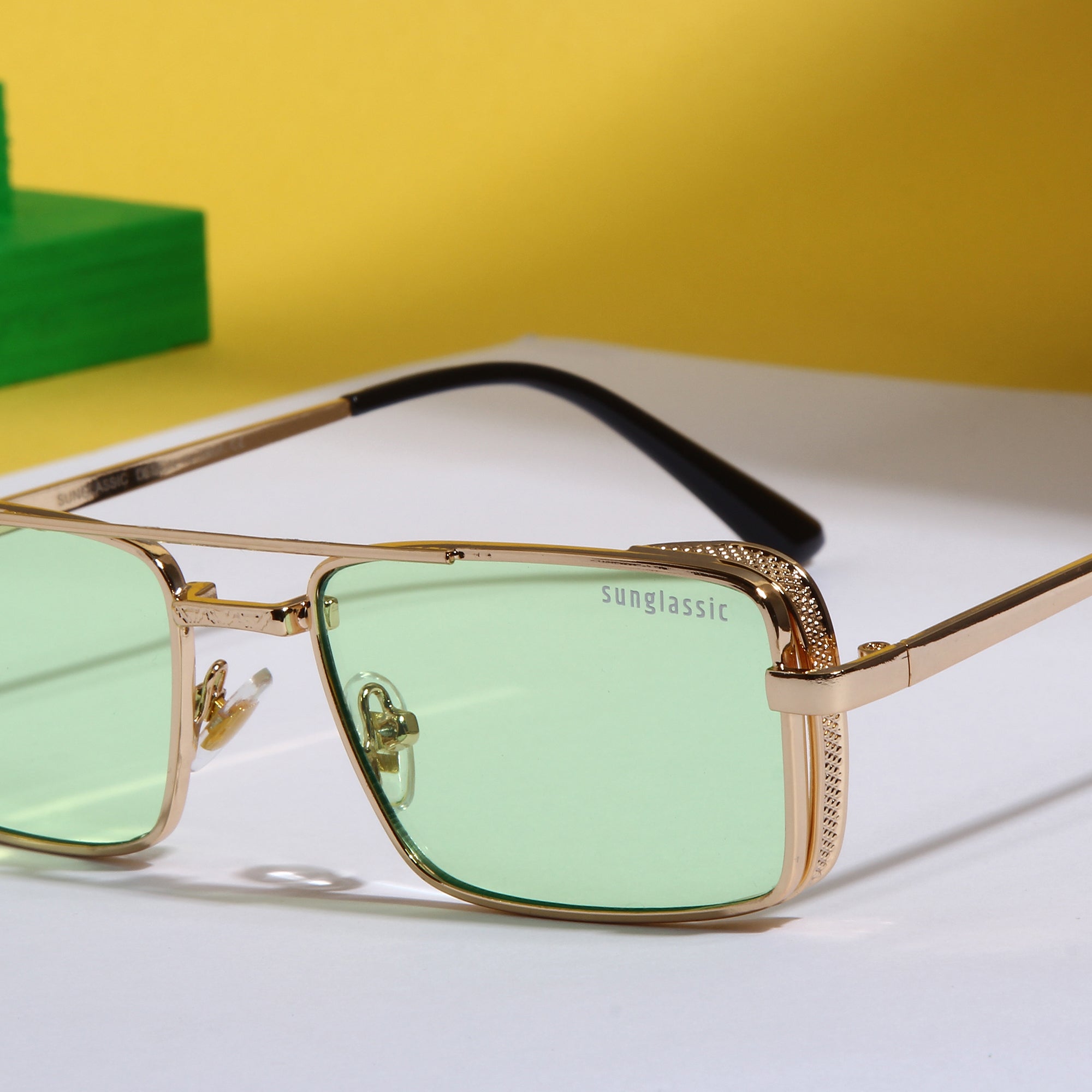 OPERA. Gold Green Rectangle Sunglasses