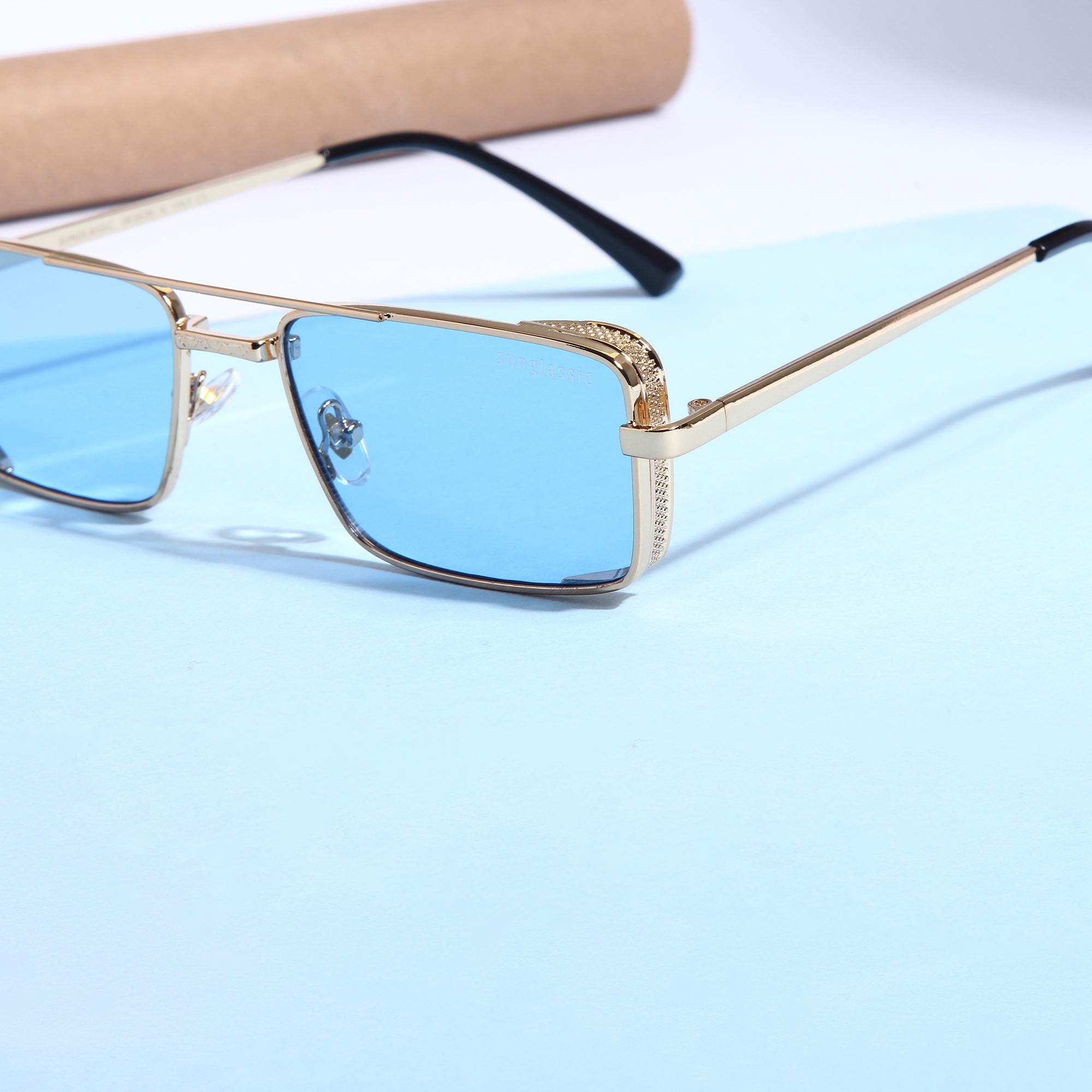 OPERA. Gold Blue Rectangle Sunglasses