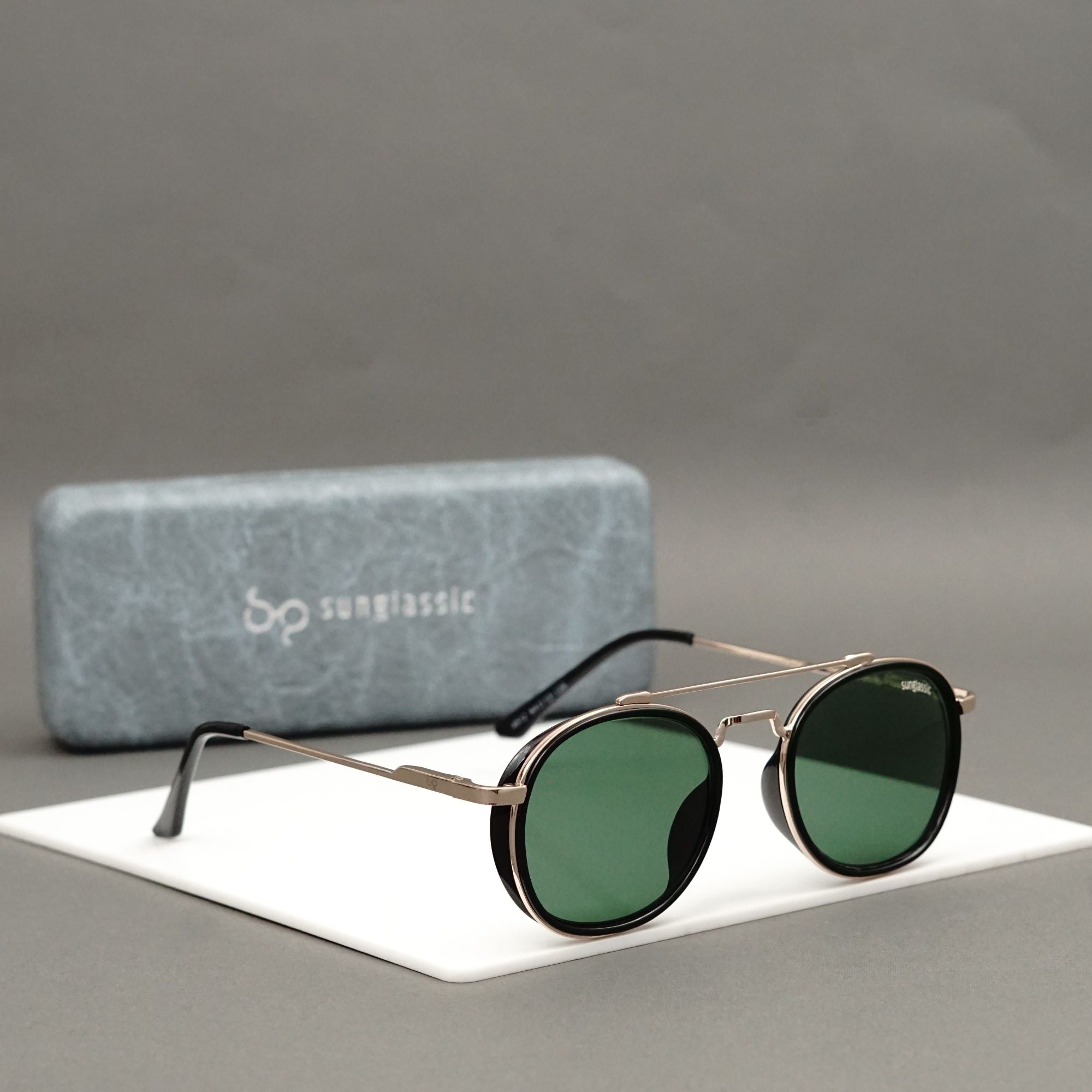 Green And Gold Polarized SG4612 Metal Frame Round Sunglasses