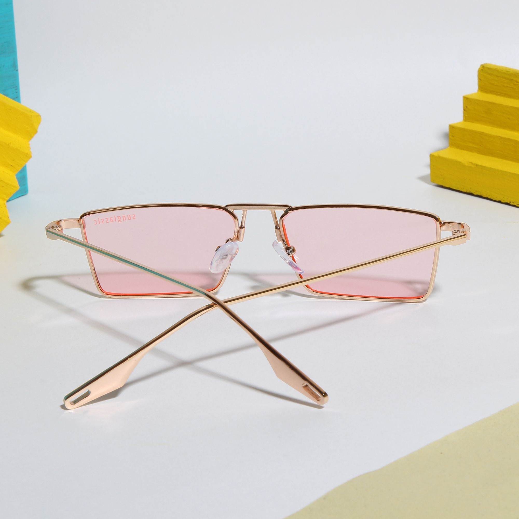 Rebel Edition Gold Pink Rectangle Sunglasses