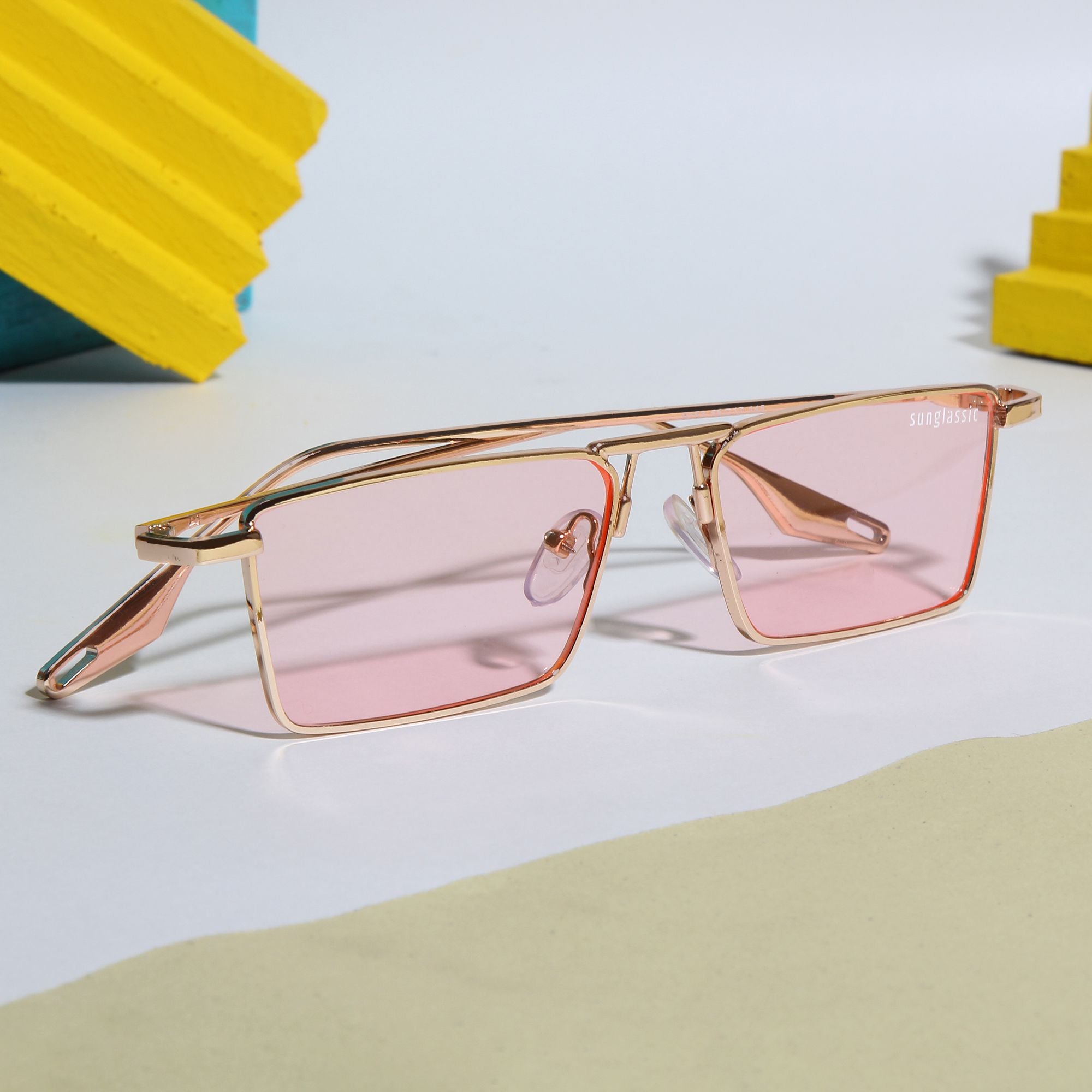 Rebel Edition Gold Pink Rectangle Sunglasses