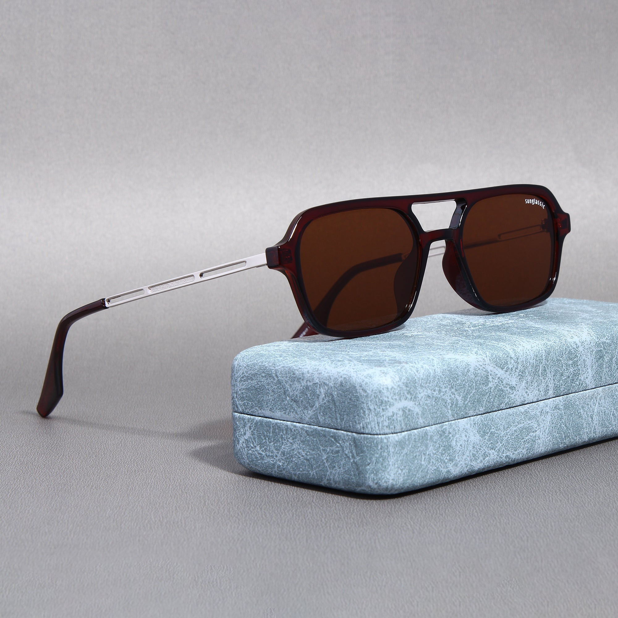 COLTON. Silver Brown Rectangle Sunglasses