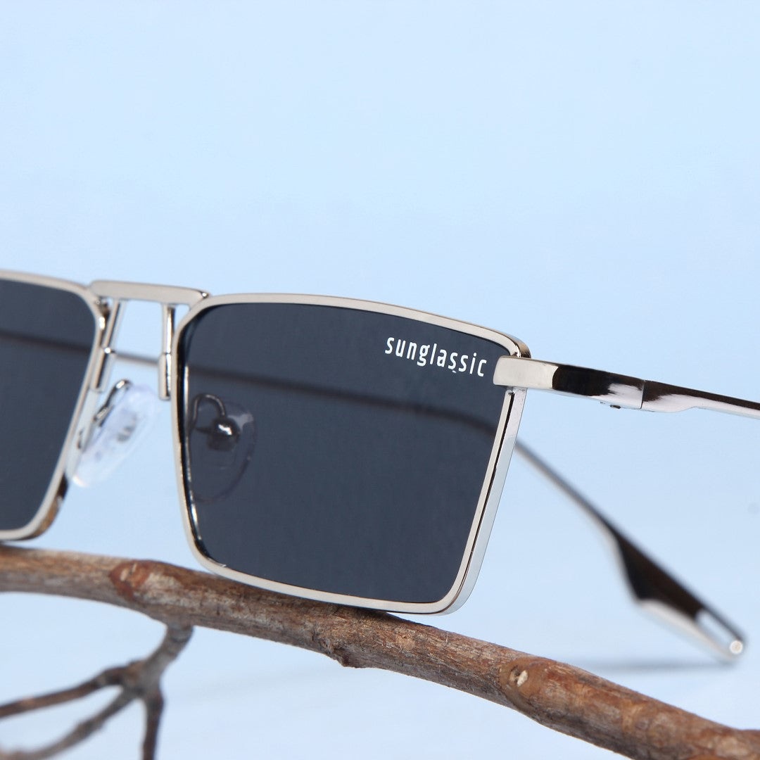 Rebel Silver Black Rectangle Sunglasses